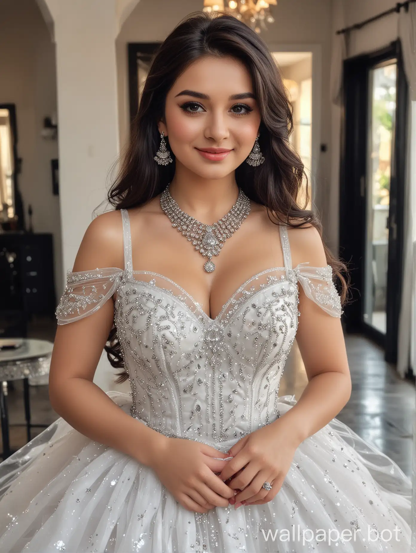 Generate an image of most beautiful Turkey actress cute pretty girl big tits , wearing  Ball Gown dress Transparent  ,  with a fair white skin tone and long hair black. She has a round face smile . The background is a modern house interior. The camera shot captures her from head to stomach . She is wearing makeup and has a necklace , jhumka ear ring and bracelet on.