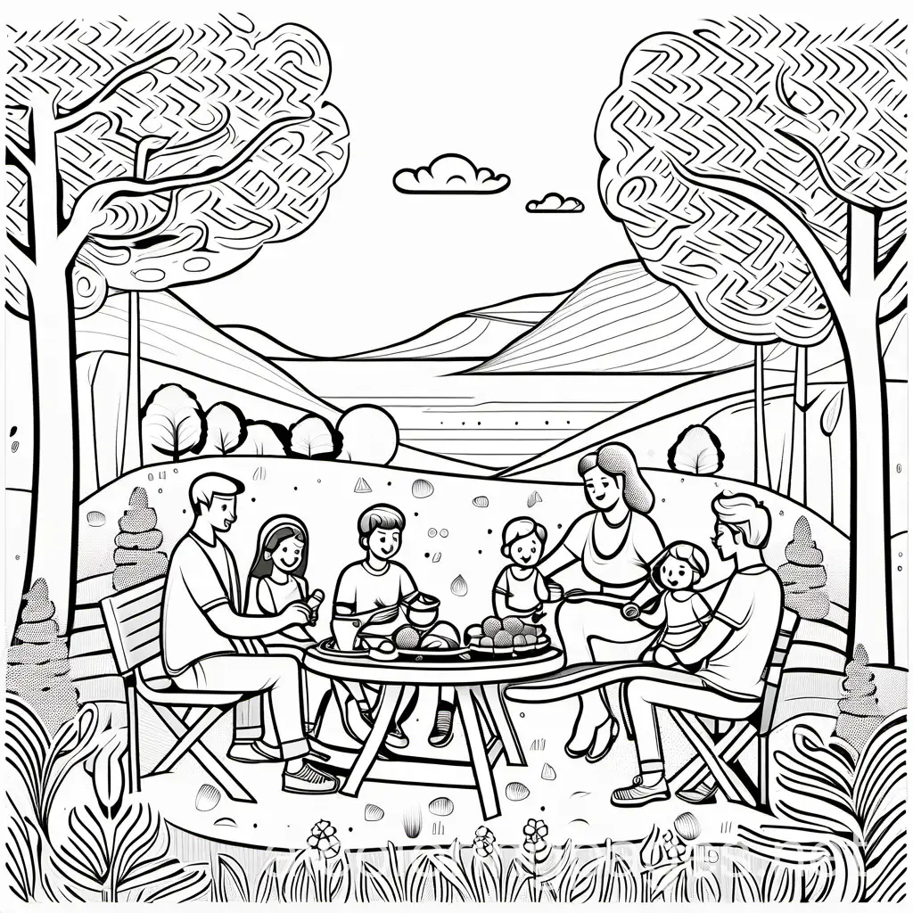 An family on sitting and having meal on picnic, Coloring Page, black and white, line art, white background, Simplicity, Ample White Space. The background of the coloring page is plain white to make it easy for young children to color within the lines. The outlines of all the subjects are easy to distinguish, making it simple for kids to color without too much difficulty