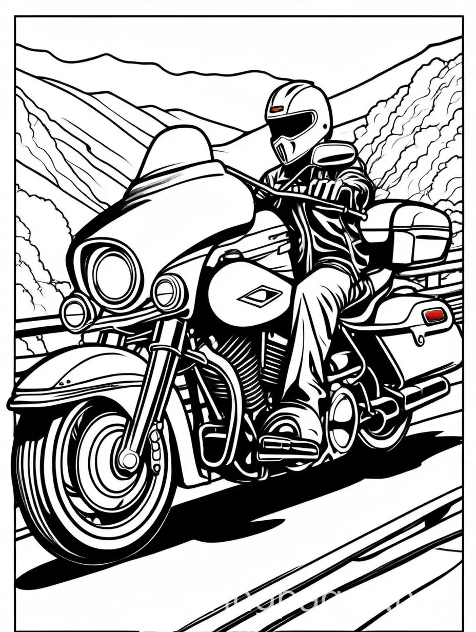 simple coloring page big 
harley motorcycle chrome 
fancy scenery driving winding road  background design, Coloring Page, black and white, line art, white background, Simplicity, Ample White Space. The background of the coloring page is plain white to make it easy for young children to color within the lines. The outlines of all the subjects are easy to distinguish, making it simple for kids to color without too much difficulty