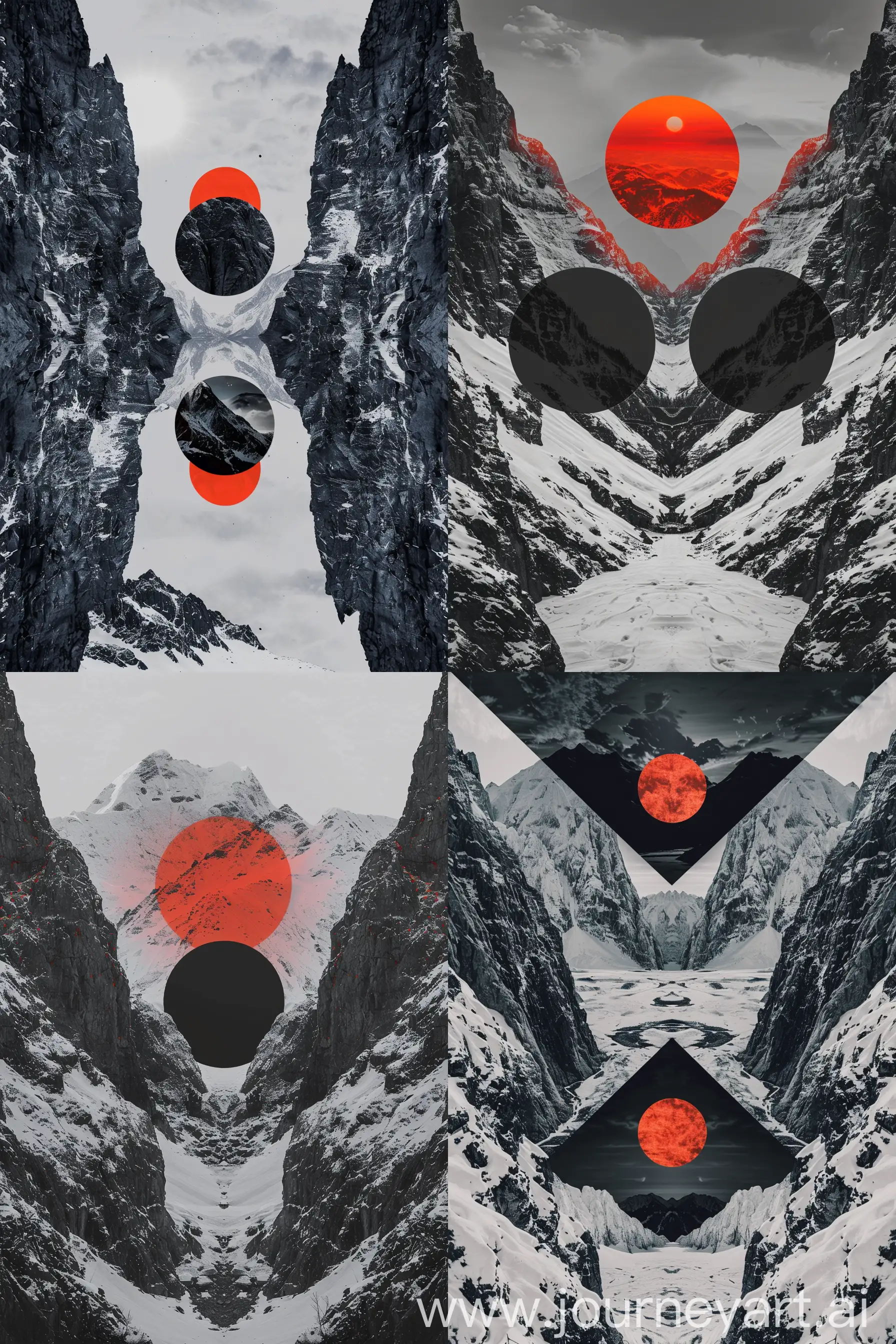 Snowy mountains surrounded by symmetry, in the center is a black and red two suns from the evening. Minimalist Chinese classical style, striking, dark grey and red, rich colors, striking composition, black and white, sun, Nikon D850 —ar 2:3 —v 6