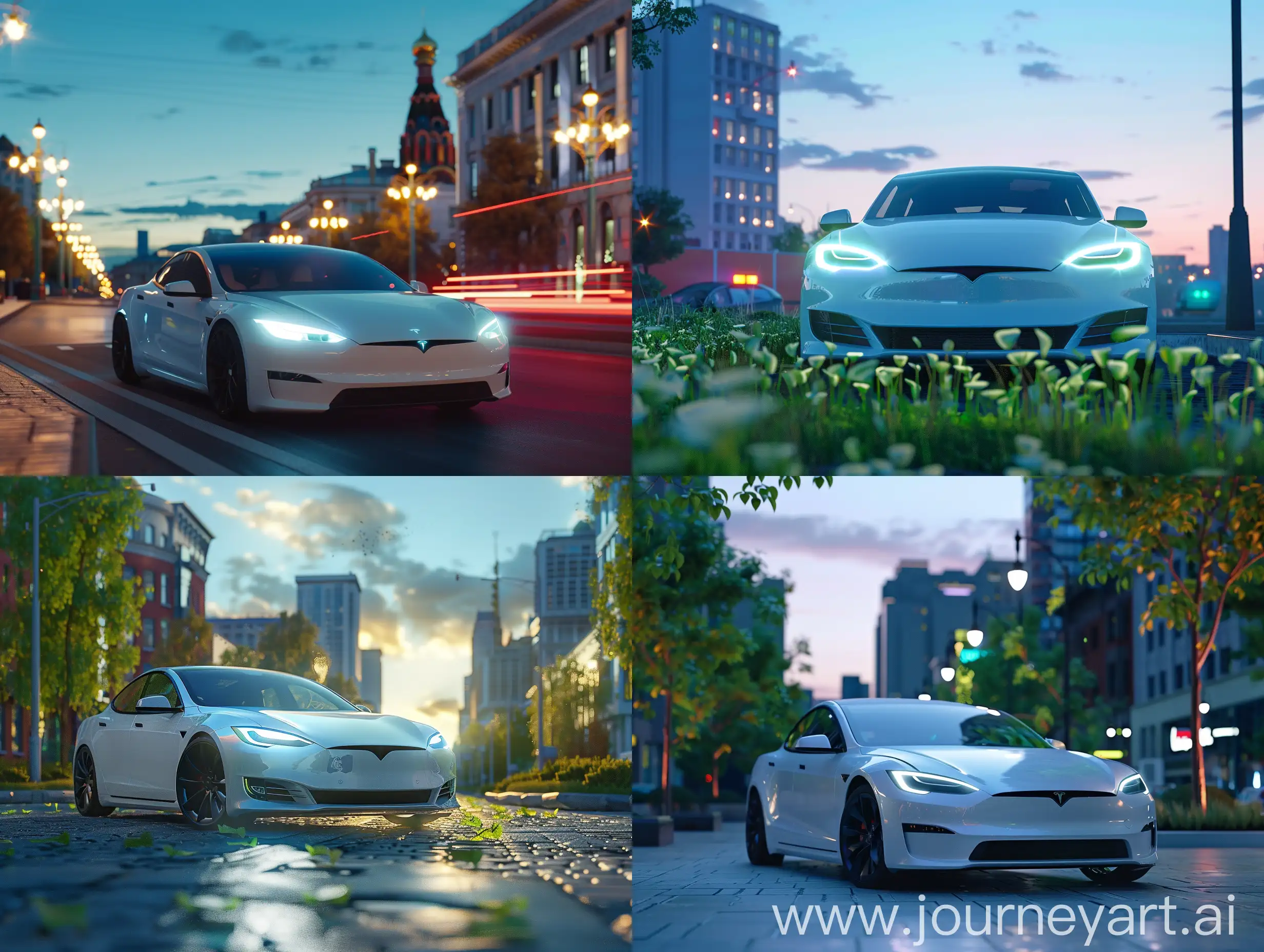 white tesla, blue sky, 8K, realistic background, empty city, clear focus, HDR, professional lighting, 3d rendering, close-up, moscow background, green foliage, summer time, white neon headlights, night time