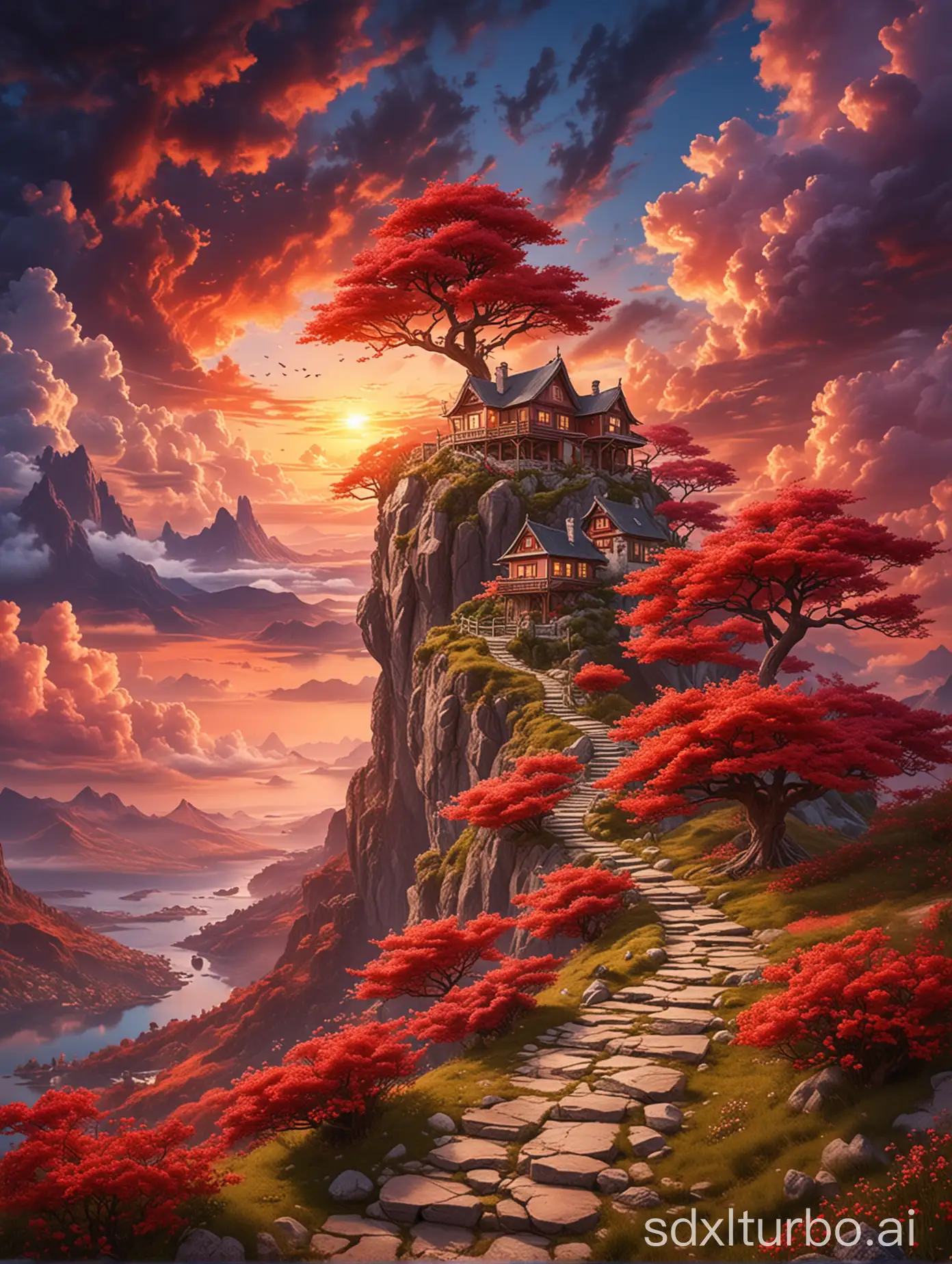 Vibrant fantasy landscape featuring houses on a winding mountain path leading to a floating island with a large red-blossomed tree at the top. The scene is set against a colorful sky with dramatic clouds and a radiant sunset.