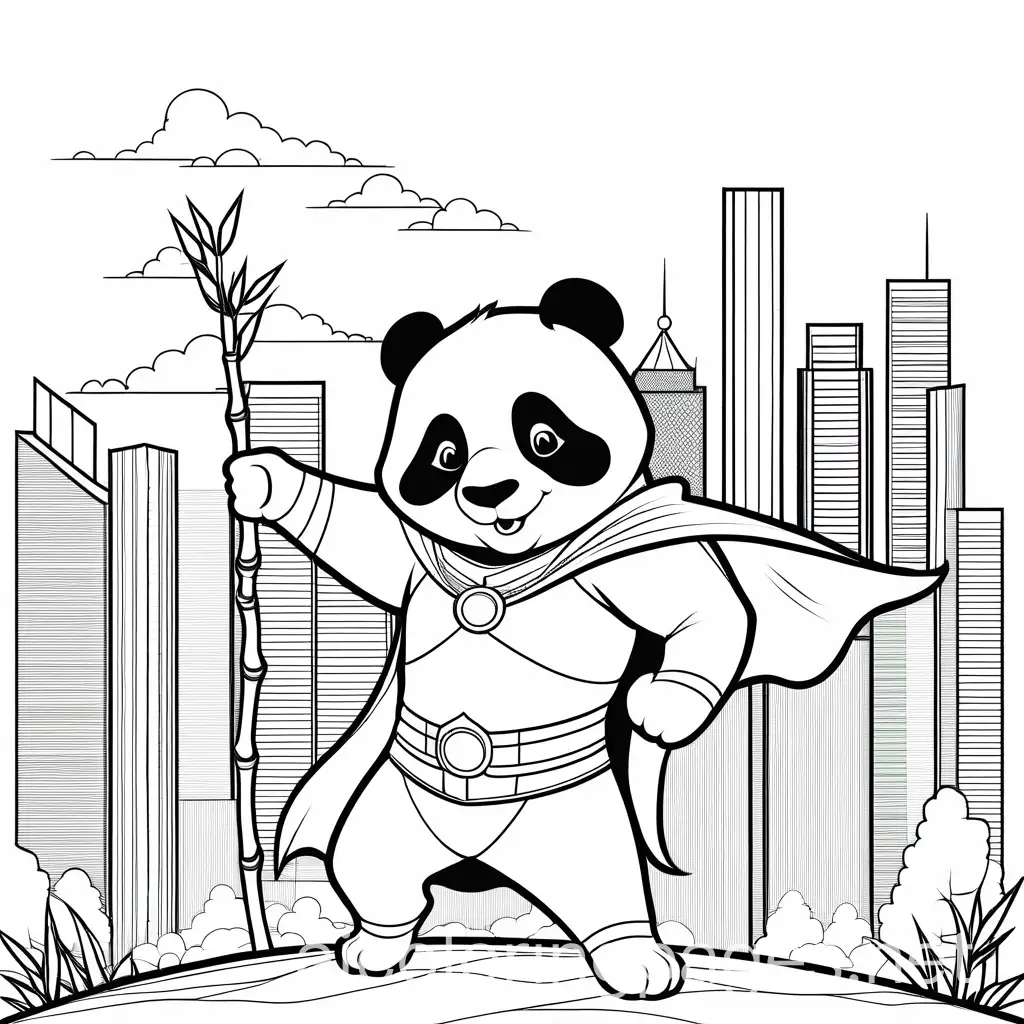 happy panda superhero with bamboo or a city in the background, Coloring Page, black and white, line art, white background, Simplicity, Ample White Space