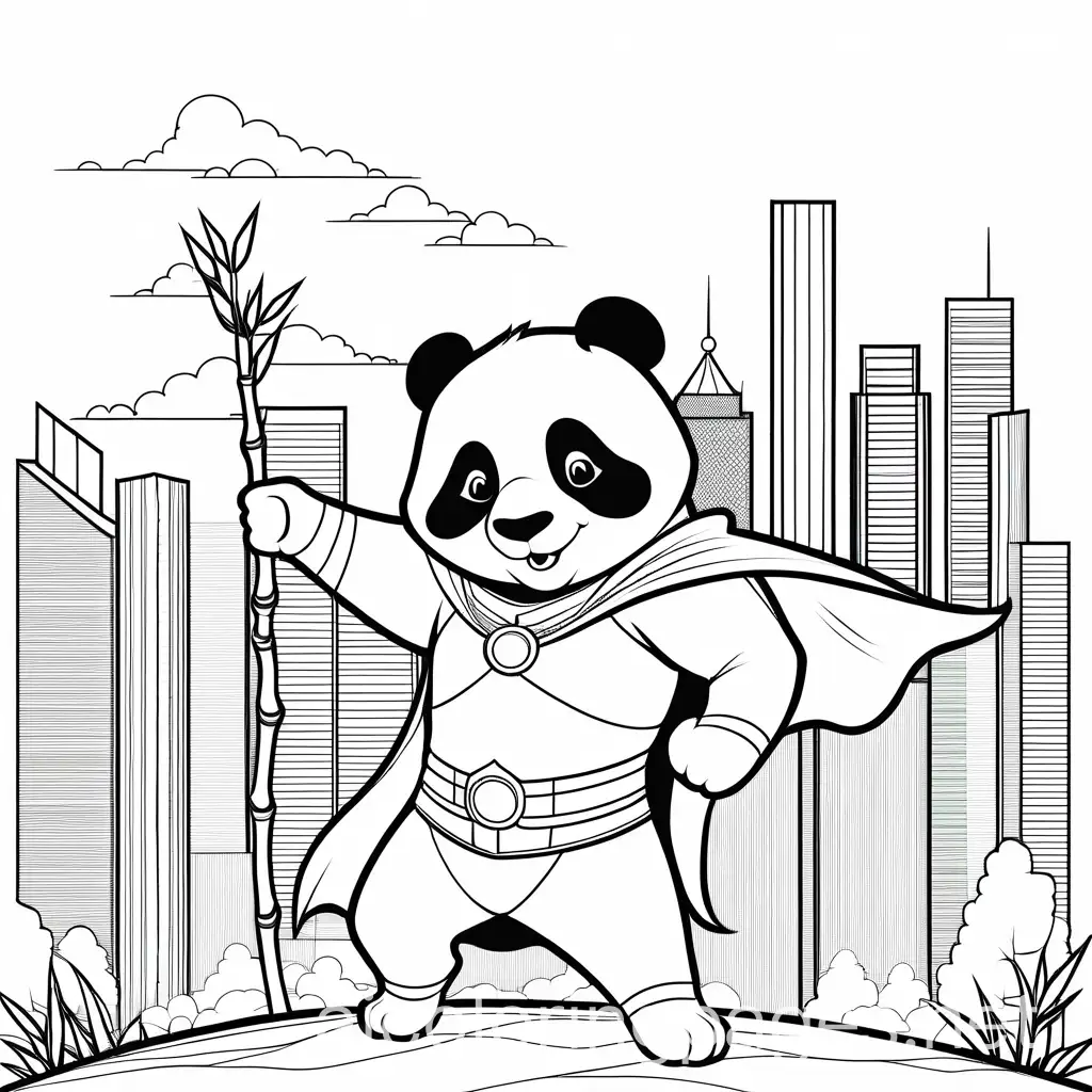 happy panda superhero with bamboo or a city in the background, Coloring Page, black and white, line art, white background, Simplicity, Ample White Space. The background of the coloring page is plain white to make it easy for young children to color within the lines. The outlines of all the subjects are easy to distinguish, making it simple for kids to color without too much difficulty