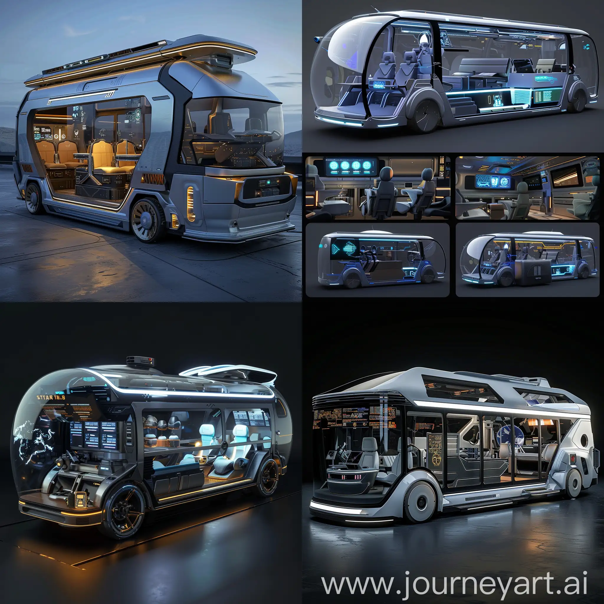 Futuristic microbus, Transparent Aluminum Windows (Star Trek), Modular Seating with Climate Control (Alien), Holographic Entertainment (Star Wars), Smart Kitchen and Beverage Station (Mass Effect), Robotic Cleaning (Wall-E), Interactive Mood Lighting (Blade Runner), AI Assistant for Navigation and Control (Her), Biometric Security and Access (Dune), Augmented Reality Information (Ready Player One), Environmentally-Friendly Features (The Martian), Kinetic Energy Harvesting Panels (Elysium), Active Aerodynamics (Tron), Chameleon Paint Job (A Wrinkle in Time), Heads-Up Display Windshield (Halo), Retractable Landing Gear (Back to the Future), Drone Delivery System (Star Wars), Solar Roof Panels (Star Trek), Interactive LED Headlights and Taillights (Cyberpunk 2077), Self-Healing Body Panels (Terminator 2), Expandable Cargo Bays (变形金刚 Biànxíng Jīngāng - Transformers), unreal engine 5 --stylize 1000