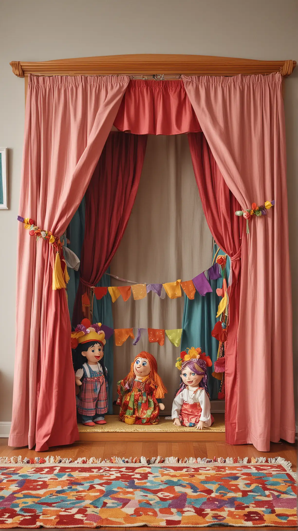 Mini puppet theater setup in a living room, children performing with puppets, colorful curtains, imaginative play.