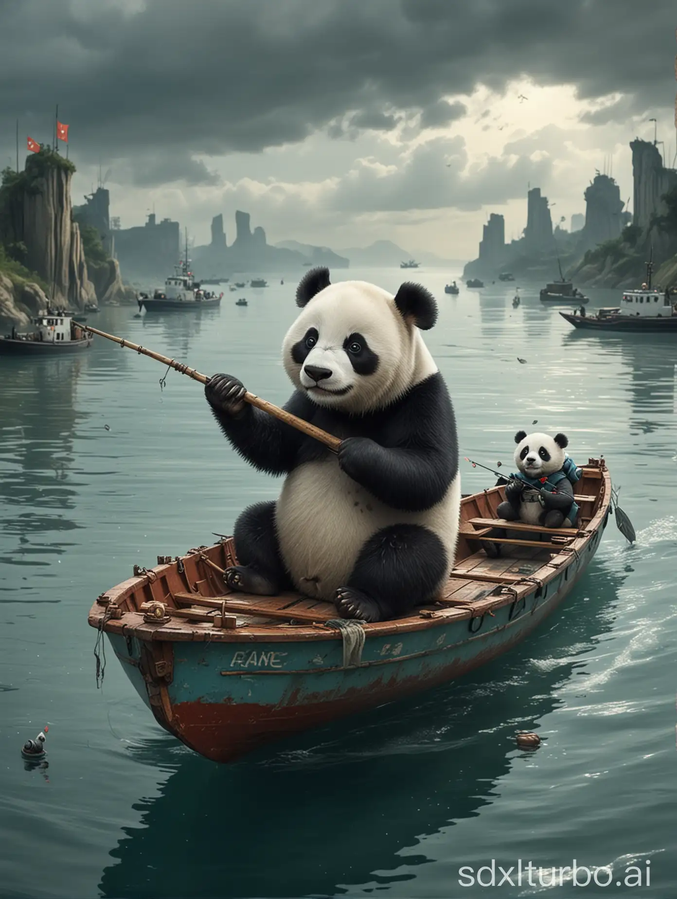 A naive panda, sitting on a small boat fishing for submarines
