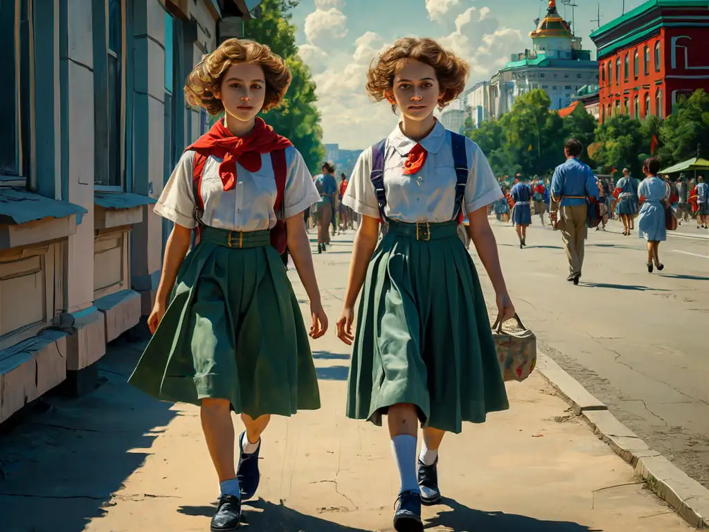 child girl school short uniform USSR full-length girls on the street on a summer day high detail exaggerated colors social realism