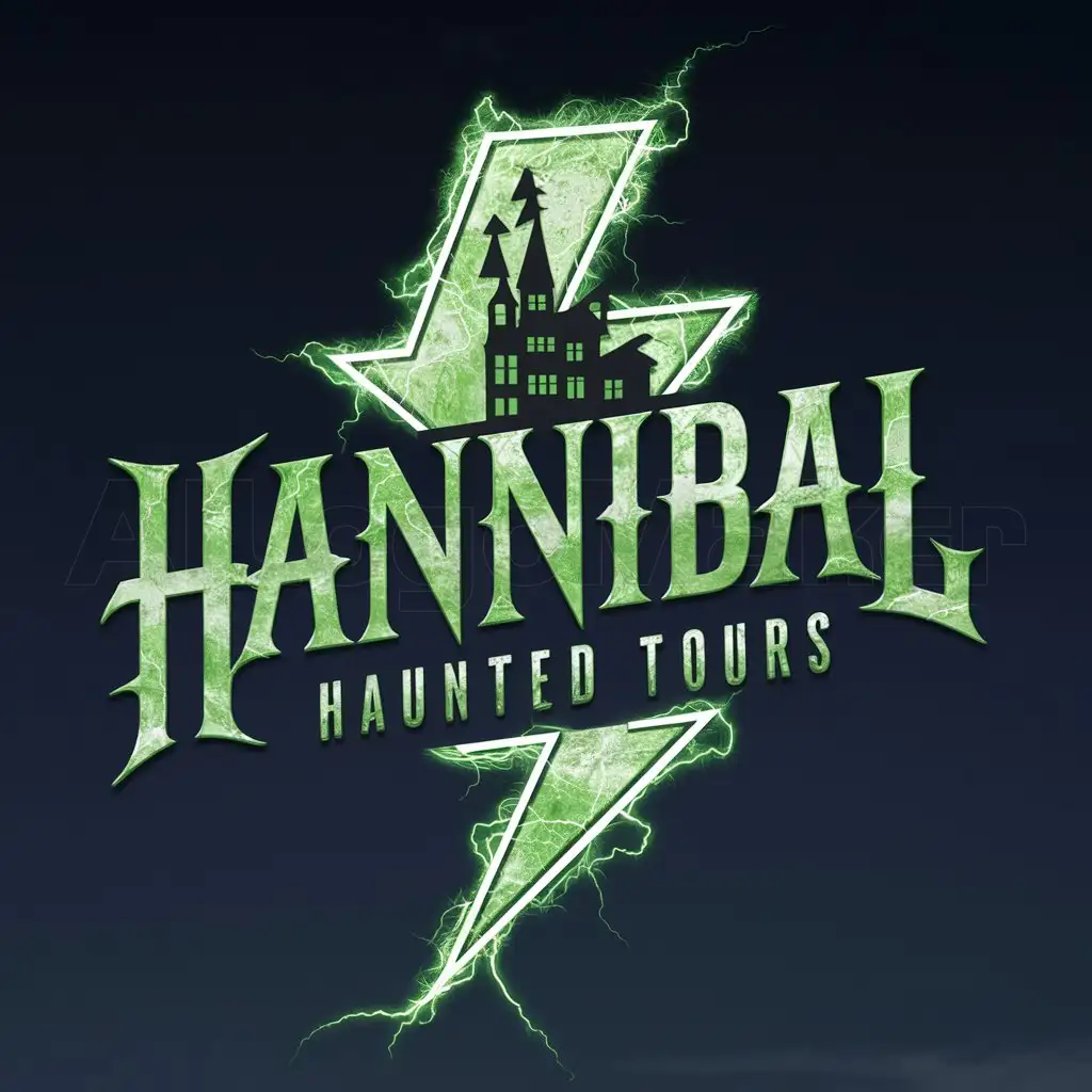 a logo design,with the text "Hannibal Haunted Tours", main symbol:green lightning,complex,be used in Haunted tour industry,clear background