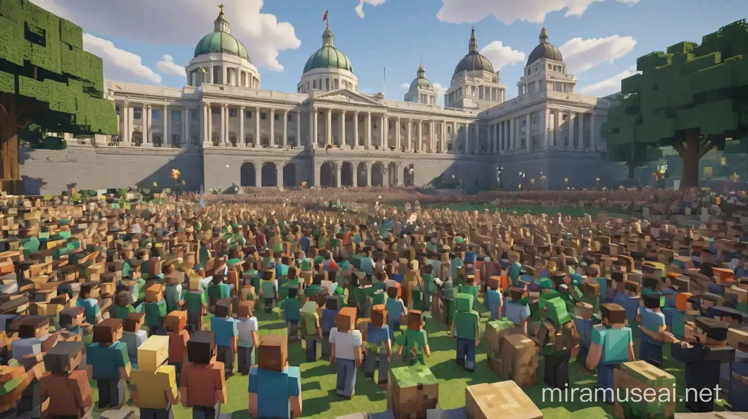 create visuals of people in minecraft with many players outside parliament house and president taking oath , everyone celebrating