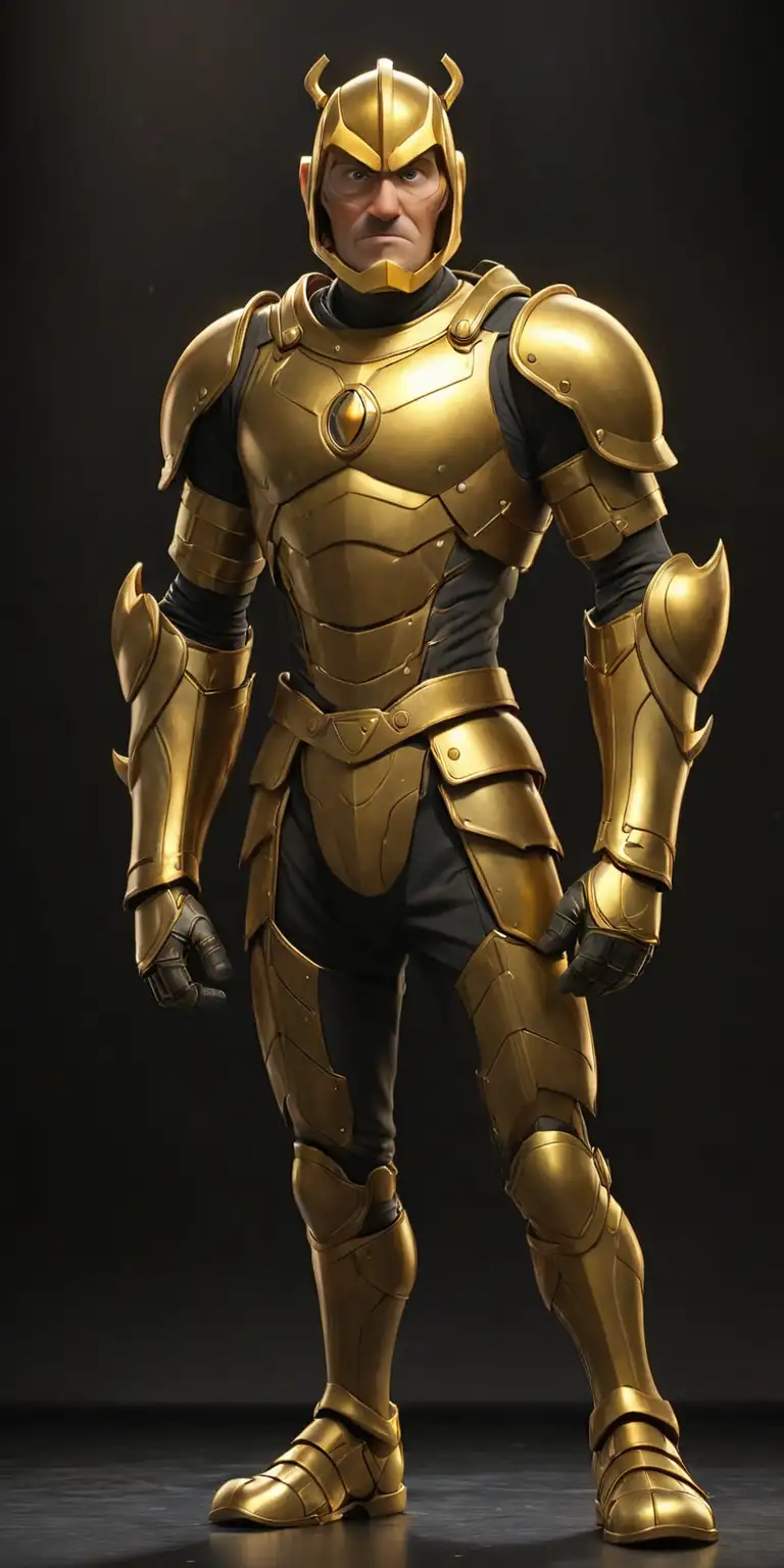 Middle aged male, golden armor with full mask, both feet together standing up, black stage background, pixar themed, *show full body*, scared.