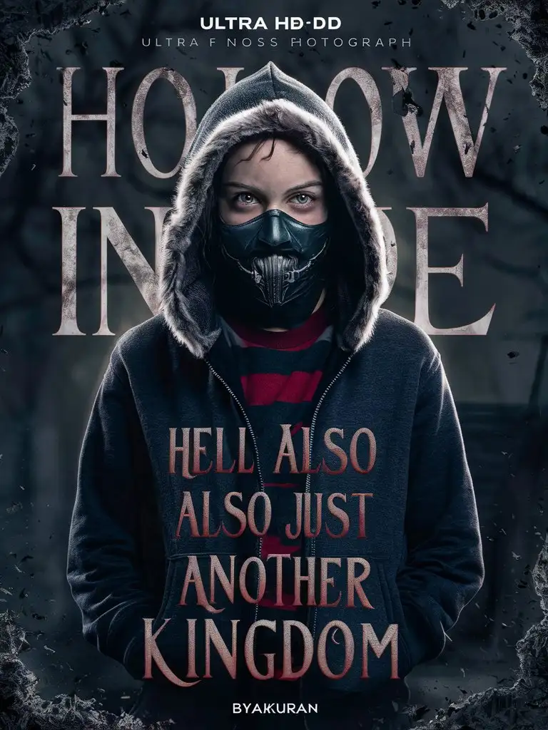 eleven, fur-lined hoodie, stranger things, full body, ultra HD detailed, professional photography, assassin-snood-mouth-mask, horror. 
 the following describes the caption with ash flaking around it 
 large letters:"Hollow Inside:"
 large letters:"Hell"
 Slightly smaller: "is also just another"
 large letters Hollow inside:"Kingdom" below smaller: "By Byakuran"