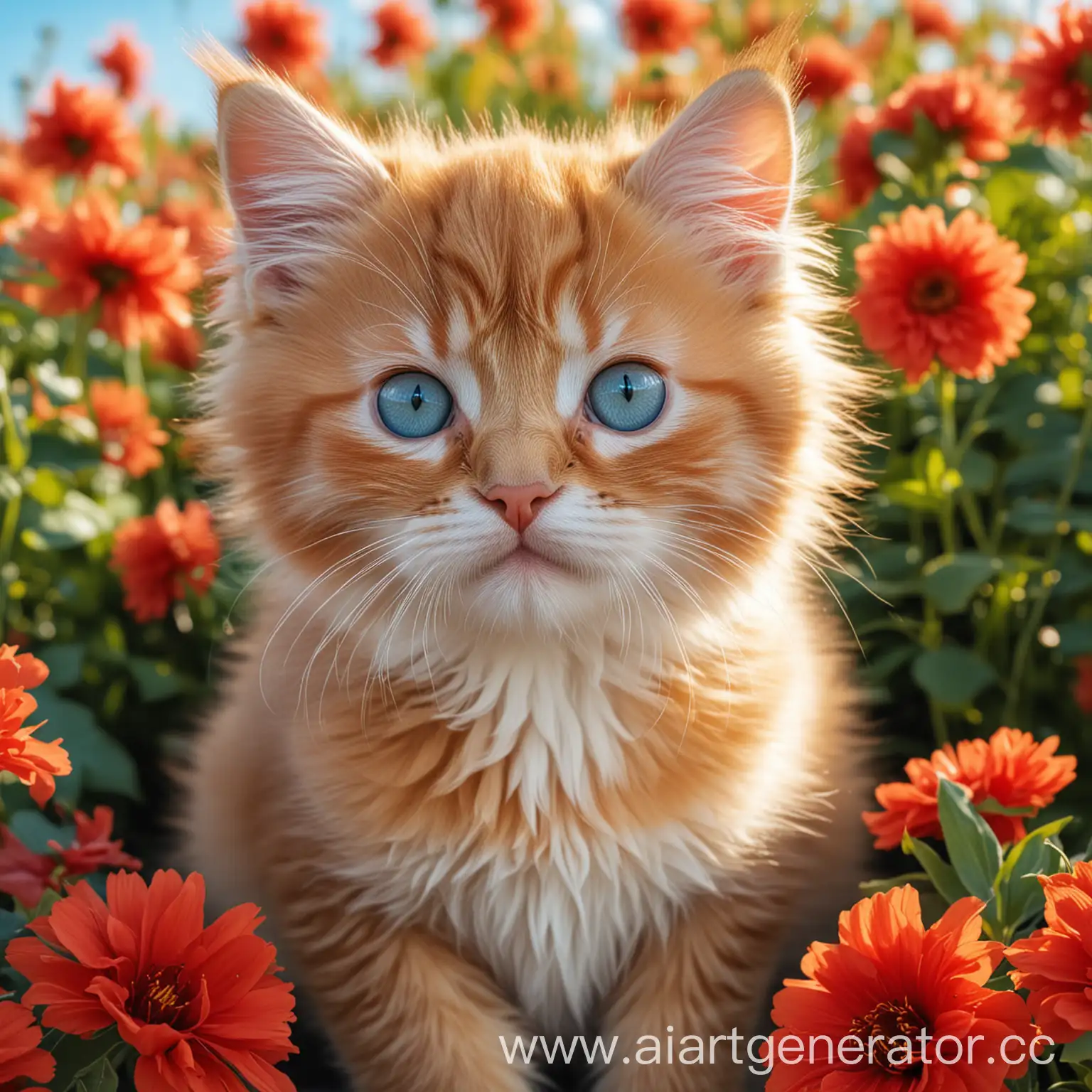 красивый милый пушистый котенок рыжий с большими голубыми глазами, пухлый, красные цветы, голубое небо, мягкий солнечный свет