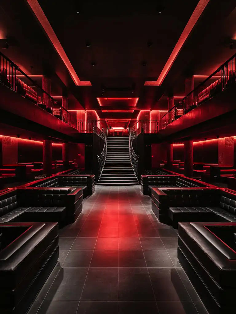 luxury nightclub interior balcony, modern, empty, black floor, black leather booths, red lights