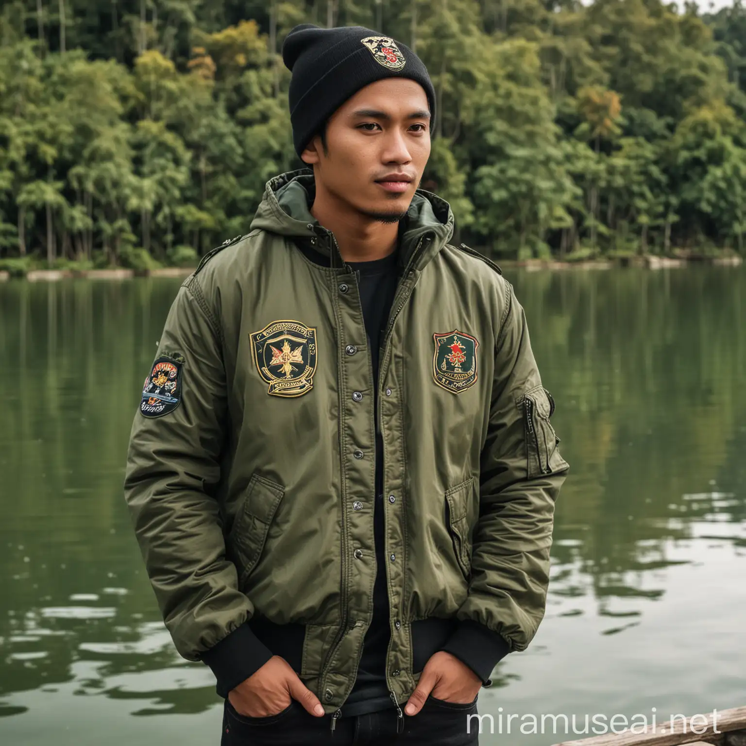 Handsome Indonesian Man in Army Green Bomber Jacket by a Lake