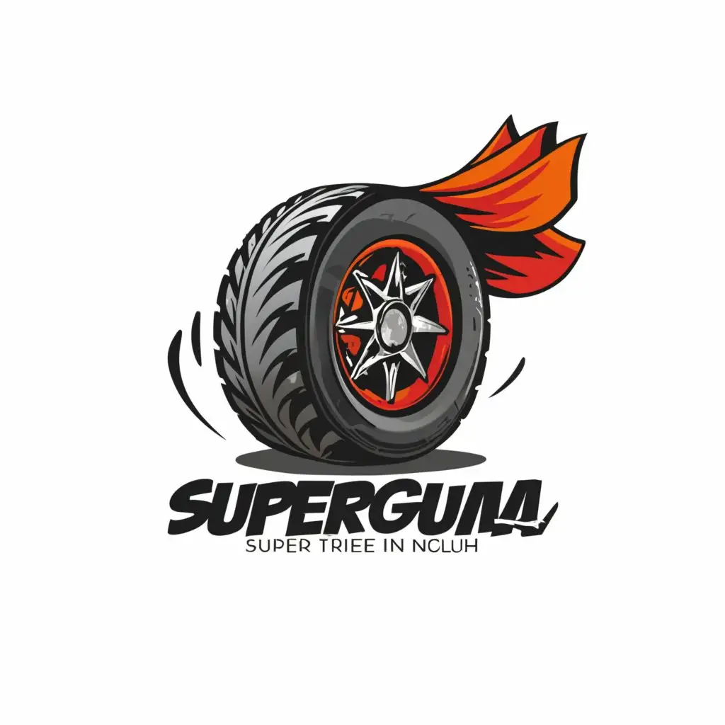 a logo design,with the text "SuperGuma", main symbol:Create a logo featuring a tire with a big cape attached to it, in motion,Moderate,be used in Automotive industry,clear background