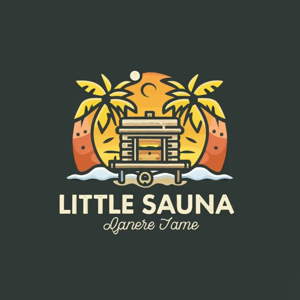 a logo design,with the text "Little Sauna", main symbol:Barrel sauna on a trailer, summer vibe, beach, island, tropical,complex,be used in Beauty Spa industry,clear background
