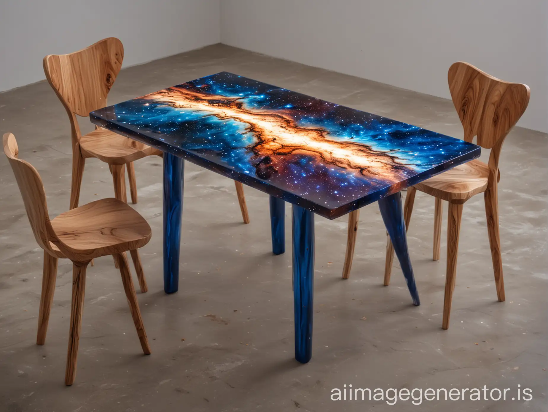 Design a rectangular table, with light from the table, modern table legs. Beautiful, sturdy, unique, miraculous, mysterious, beautiful, modern, fantasy, universe, space, galaxy, milky way, amulet, made Made from wood and epoxy resin, reddish blue, matching chair set.