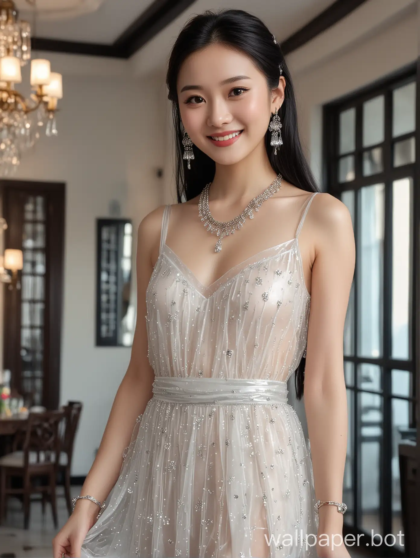 Generate an image of the most beautiful Chinese actress, a cute and pretty girl, wearing a translucent party dress, with fair skin and long black hair. She has a round face smile. The background is a modern interior house. The camera captures her from head to toe. She is made up, wearing necklaces, earrings and bracelets.