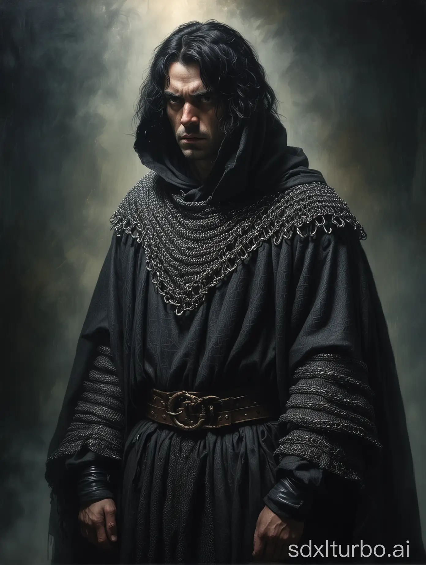 A black-haired man wearing chainmail armor under a wool cloak, mysterious, sinister, foggy, dark, epic, dramatic lighting, oil painting, in the style of Francisco Goya.