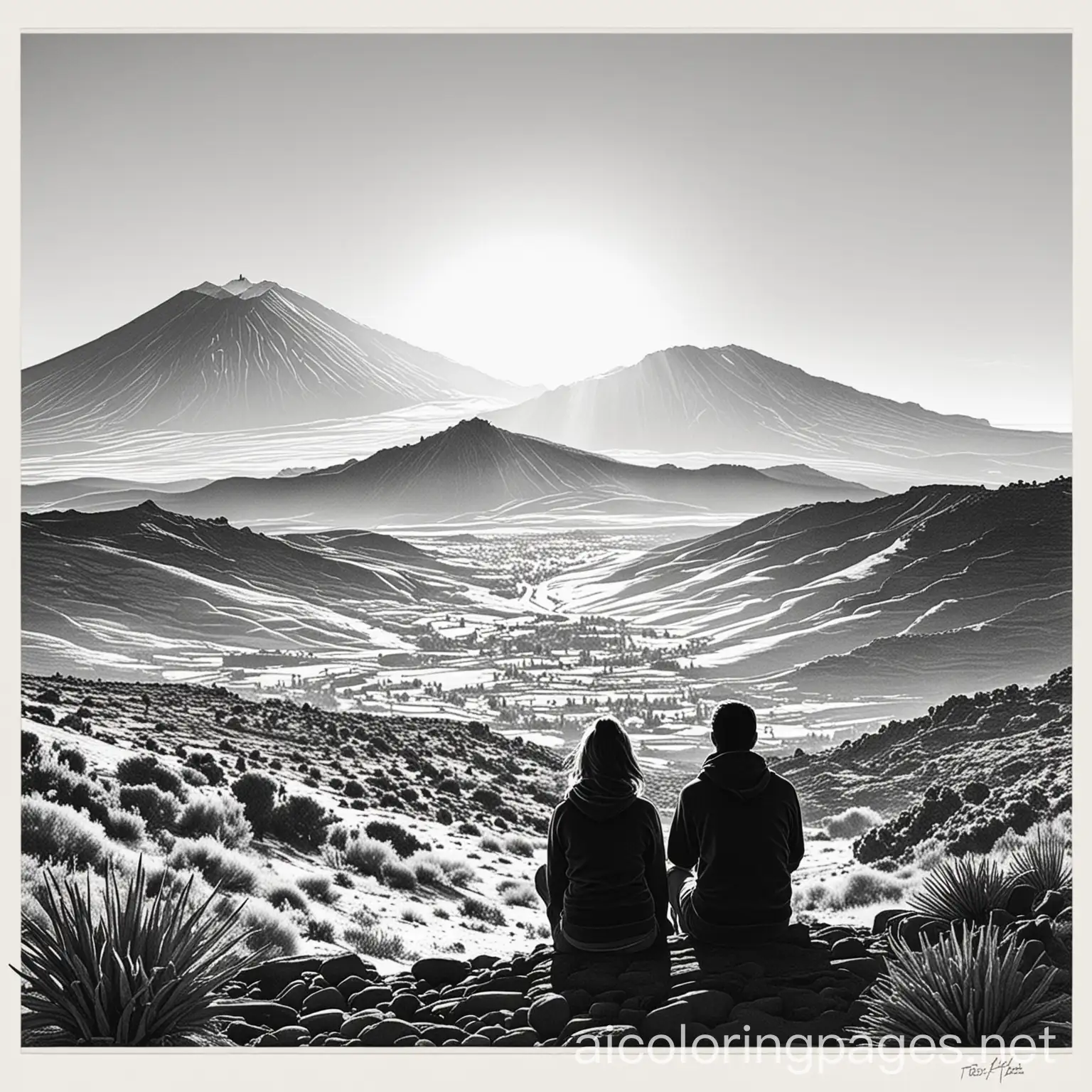 dos personas viendo atardecer en el teide
, Coloring Page, black and white, line art, white background, Simplicity, Ample White Space. The background of the coloring page is plain white to make it easy for young children to color within the lines. The outlines of all the subjects are easy to distinguish, making it simple for kids to color without too much difficulty