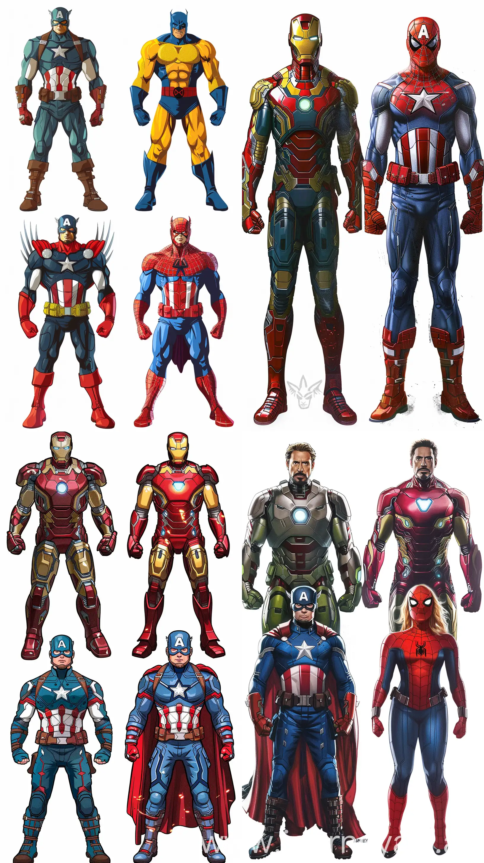 Create 4 marvel heros,png,front  view, --ar 9:16