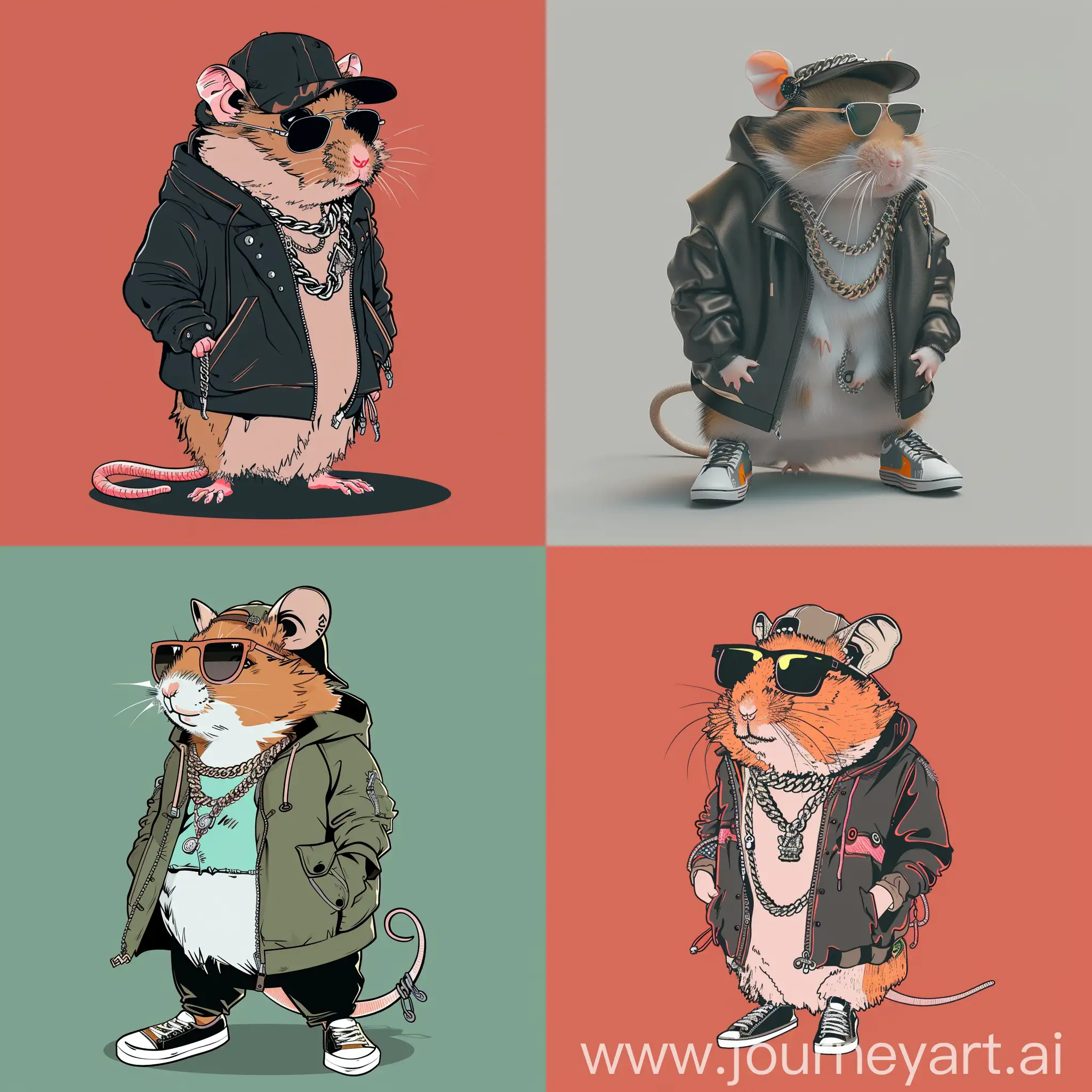 Create an image of a cool hamster dressed in drip-style clothing. The hamster should be wearing trendy, streetwear fashion with a confident pose. Include elements like a stylish jacket, sunglasses, sneakers, and maybe a chain or hat. The overall vibe should be modern and edgy.
