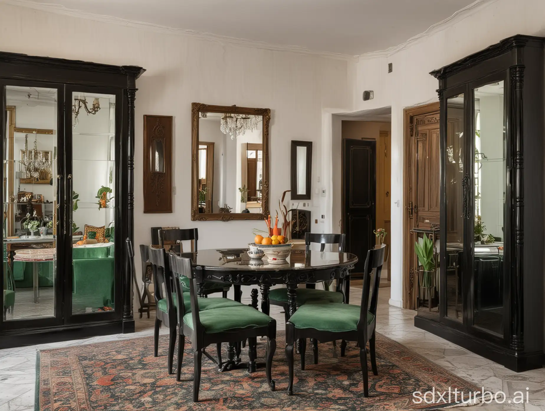 room with mirror in frame of black wood. Frame of black wood. Fridge from marble. Table of hazel wood with carpet from Turné. Seven Spanish chairs with seats of green velvet.
