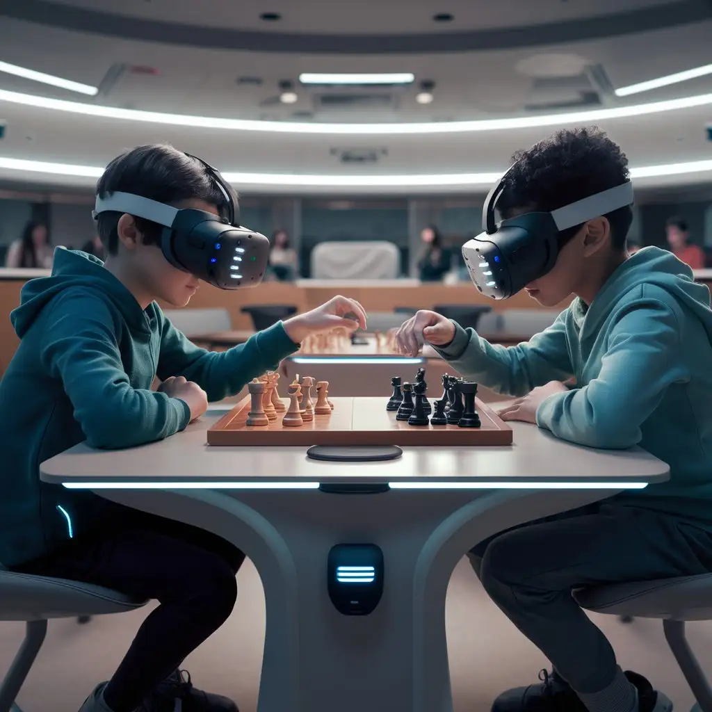 两个学生借助VR设备下在教室课桌上下中国象棋