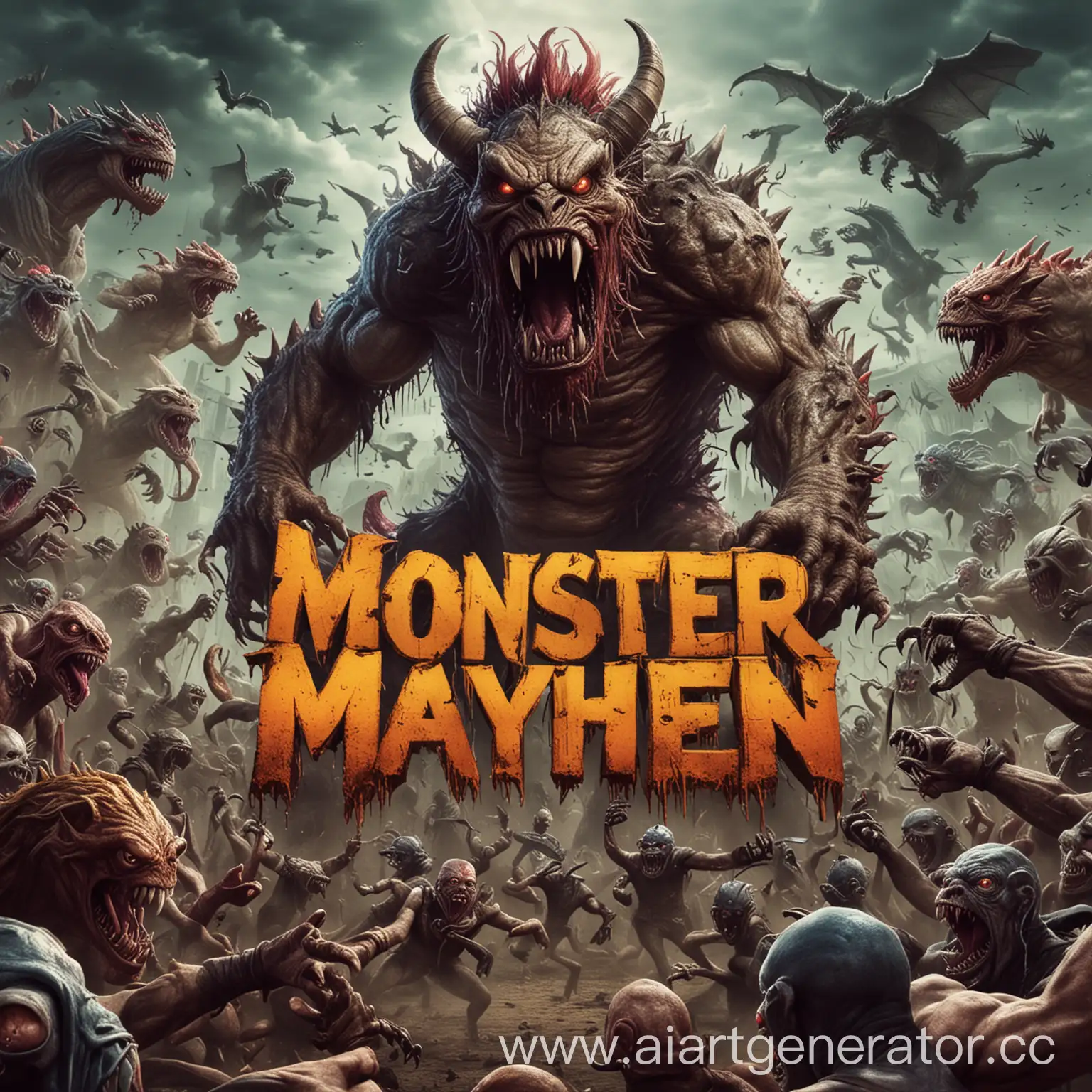 Надпись Monster Mayhem в стиле игры Vampire Survivors

