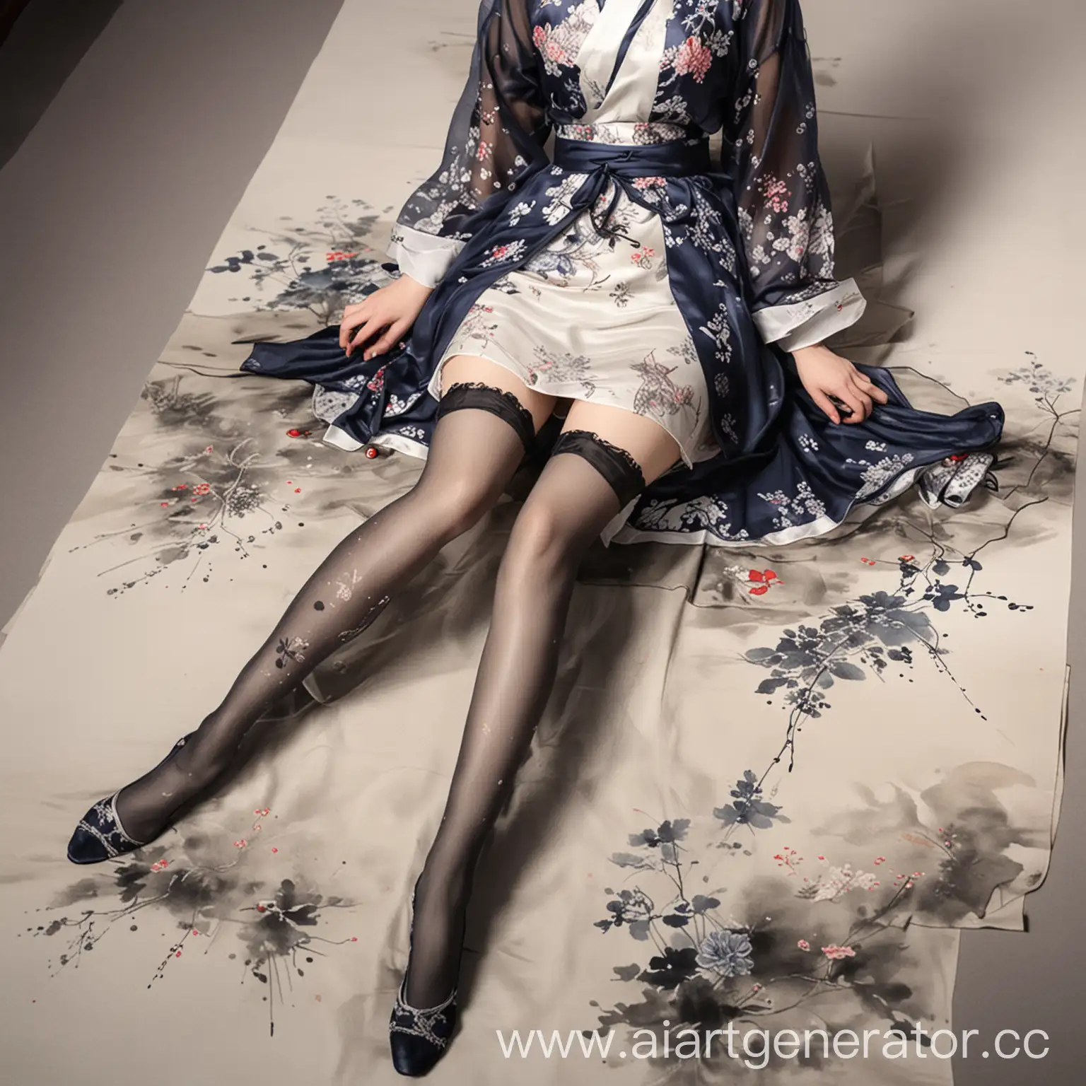 Elegant-Chinese-Style-Dress-with-Silk-Stockings-in-a-Serene-WaterInk-Painting