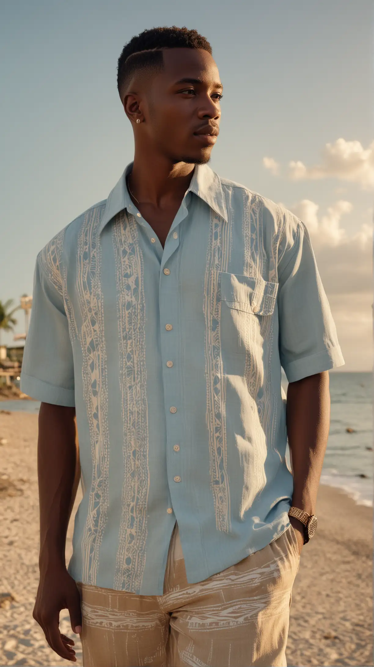 Young African Man in Stylish Cubano Shirt Gazing into the Distance in Negril