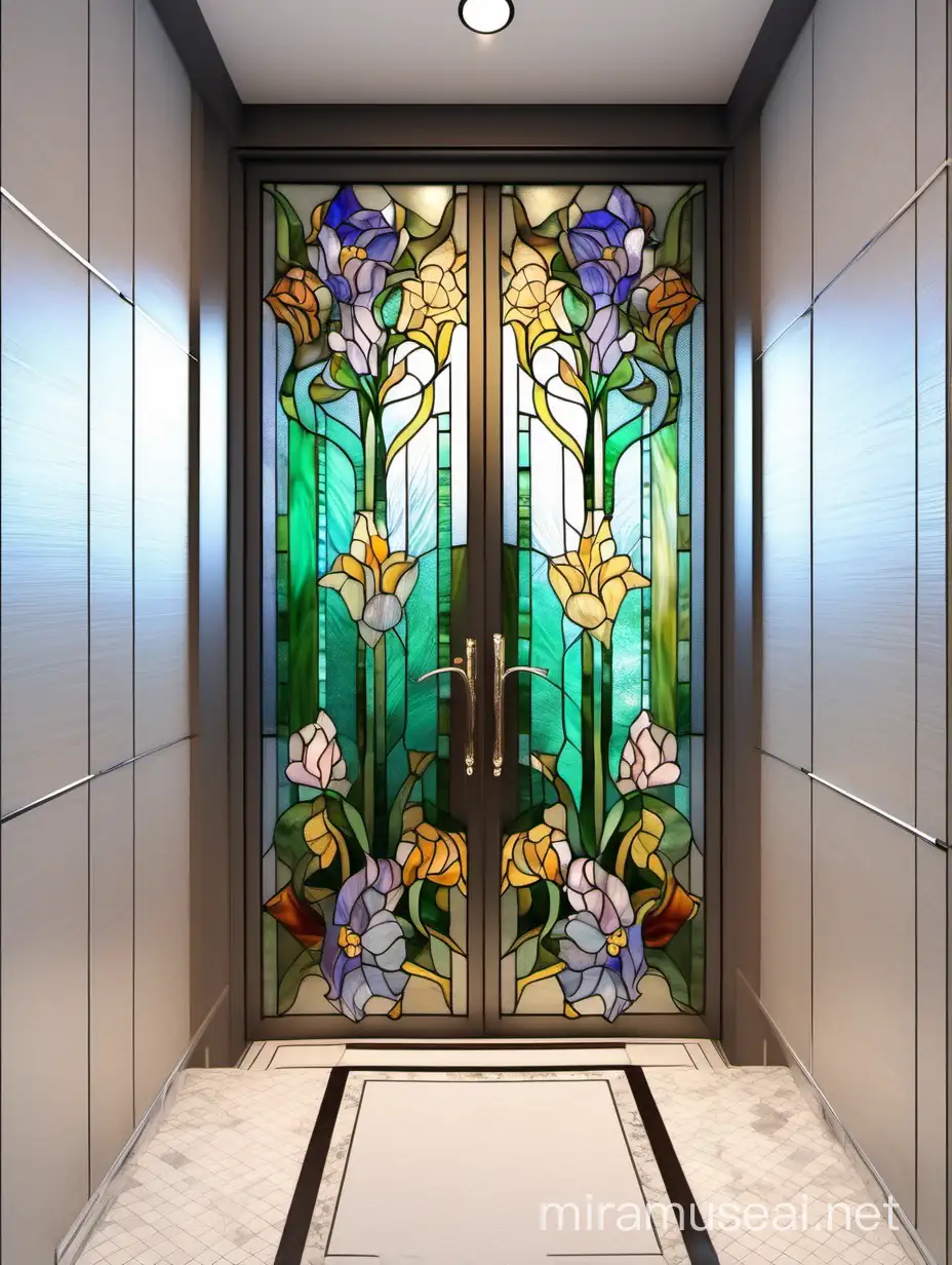 витражная дверь,
из цветного стекла тиффани, с абстрактными цветами  стоит в ванной комнате