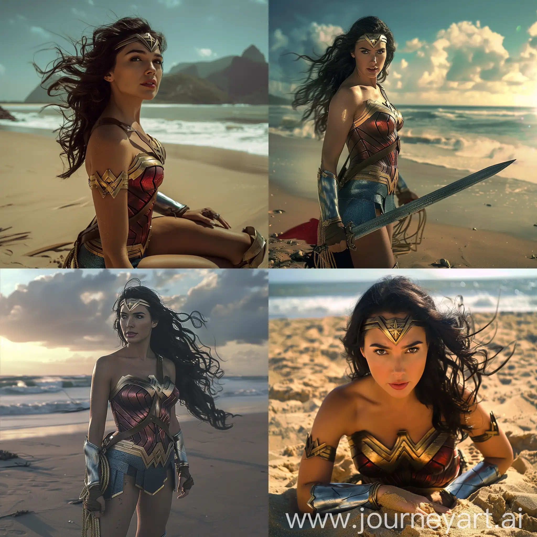a brazilian woman in the beach a realsitic beautiful wonder woman in war cinematic, cinematic, 