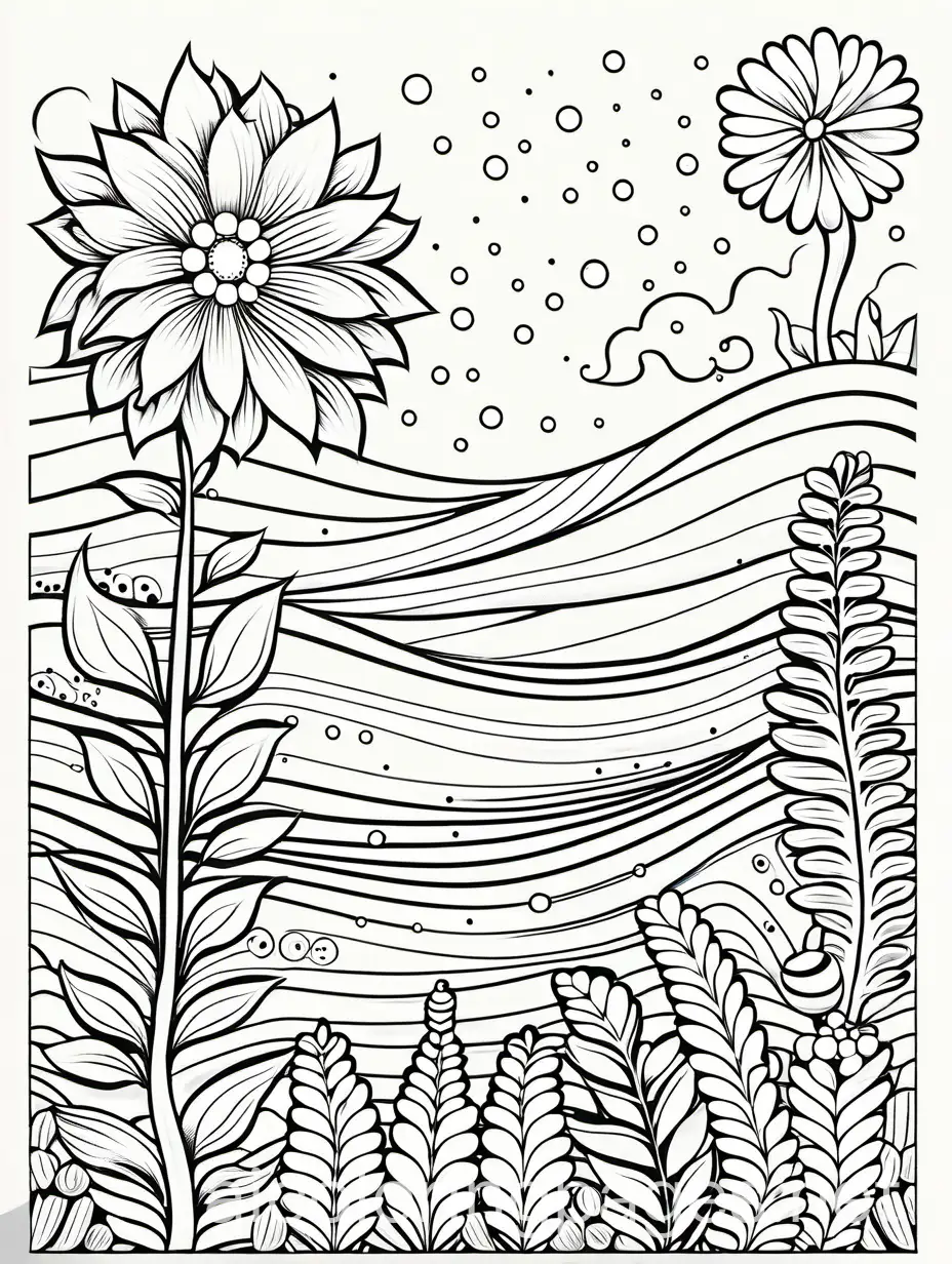 Botanical Flowers, Coloring Page, black and white, line art, white background, Simplicity, Ample White Space. The background of the coloring page is plain white to make it easy for young children to color within the lines. The outlines of all the subjects are easy to distinguish, making it simple for kids to color without too much difficulty