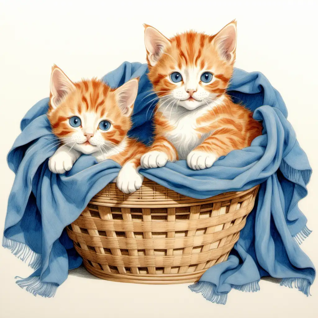 Marmalade Kittens in Blue Blanket Basket Charming Illustration Inspired by Beatrice Potter