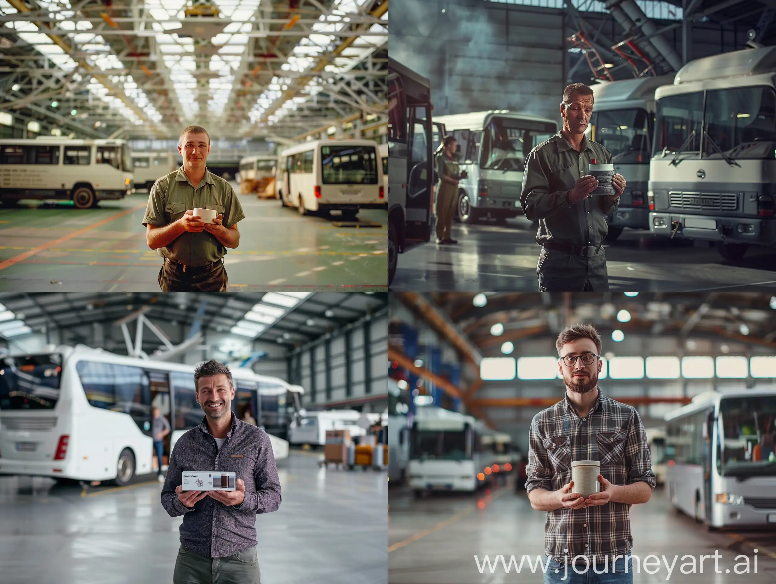  3 minibus, a man with a product in his hands, hangar