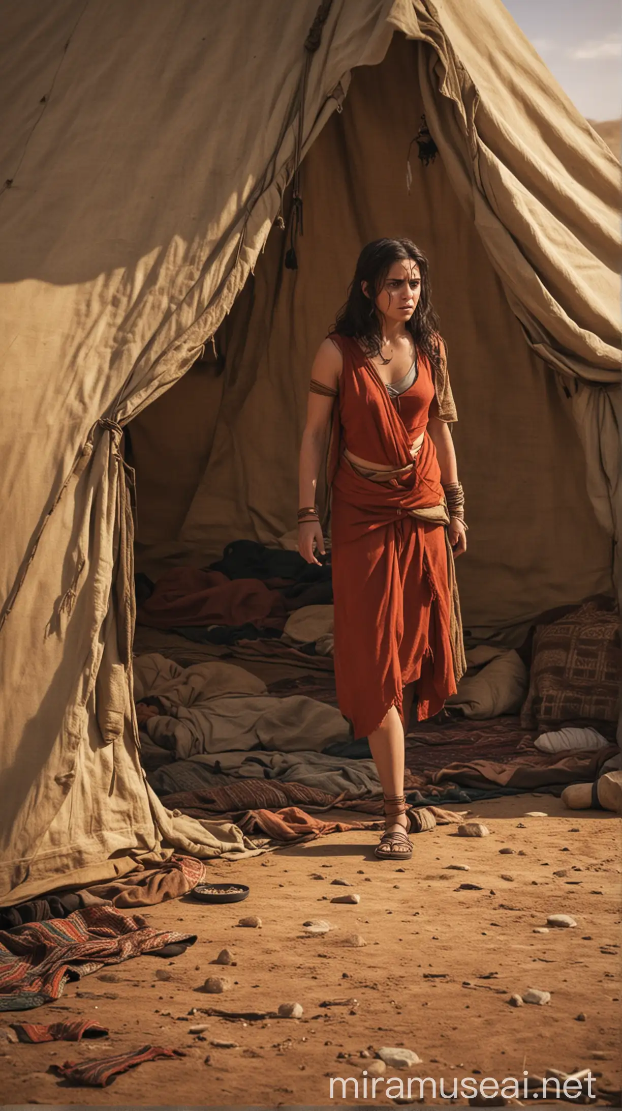 Create an image of Sisera arriving at Jael's tent, exhausted and desperate for refuge. She should be seen welcoming him into the tent, offering a sense of false security."In ancient world 