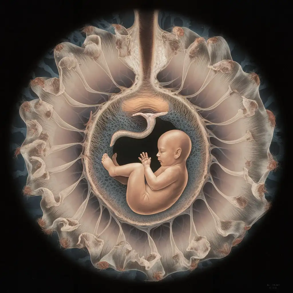 a close up of a baby in a womb with a baby in the womb, fetus, femme fetal, membrane pregnancy sac, symmetry! human fetus, pregnancy, medical depiction, maternal, by Wen Boren, by Liao Chi-chun, by Anna Füssli, jinyiwei, 千 葉 雄 大, illustration]