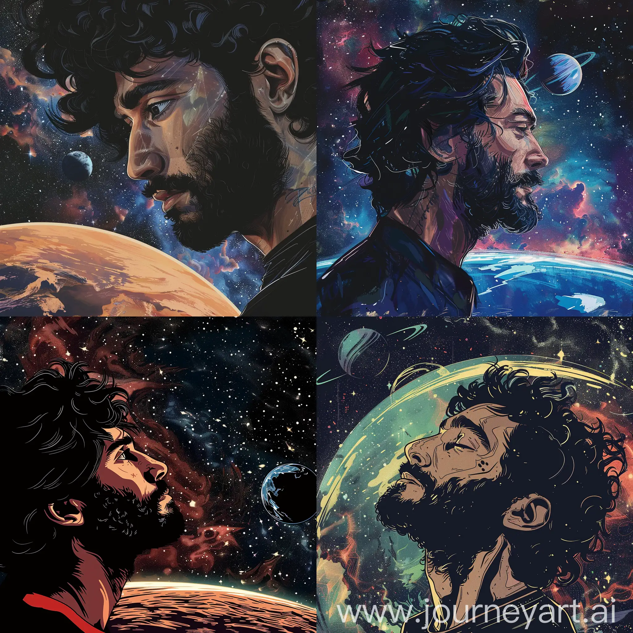 art, illustrator, man with black hair and black beard on the background of space, in the background of the planet