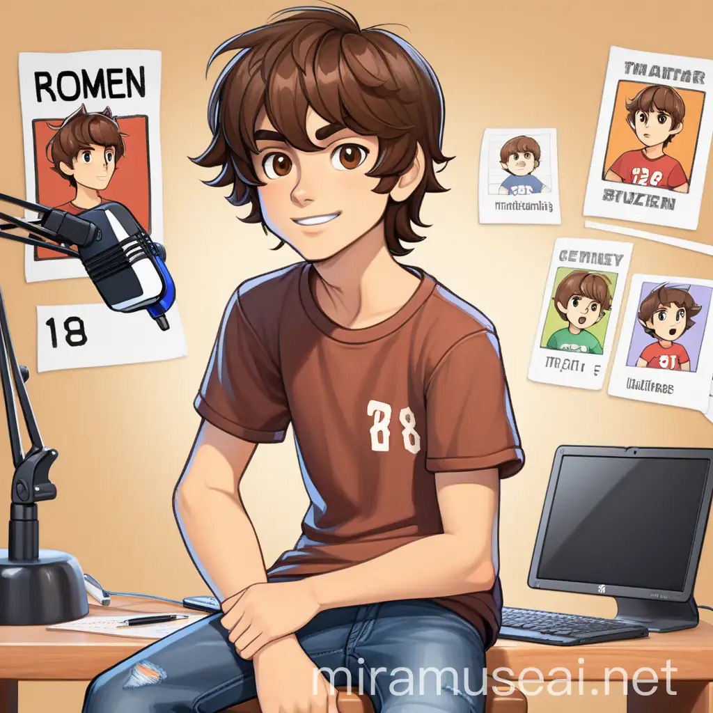 Generate a cartoon-style character of a young boy in his early 17s with medium-length messy brown hair, expressive brown eyes, and a short beard. He is wearing a casual t-shirt with the number '18' prominently displayed and jeans. The character should be in an animated pose, mid-speech with a microphone in one hand. The background should include elements like a desk with a computer and posters, giving a personal and relatable vibe. Use vibrant colors and ensure the character's emotions are clearly conveyed.