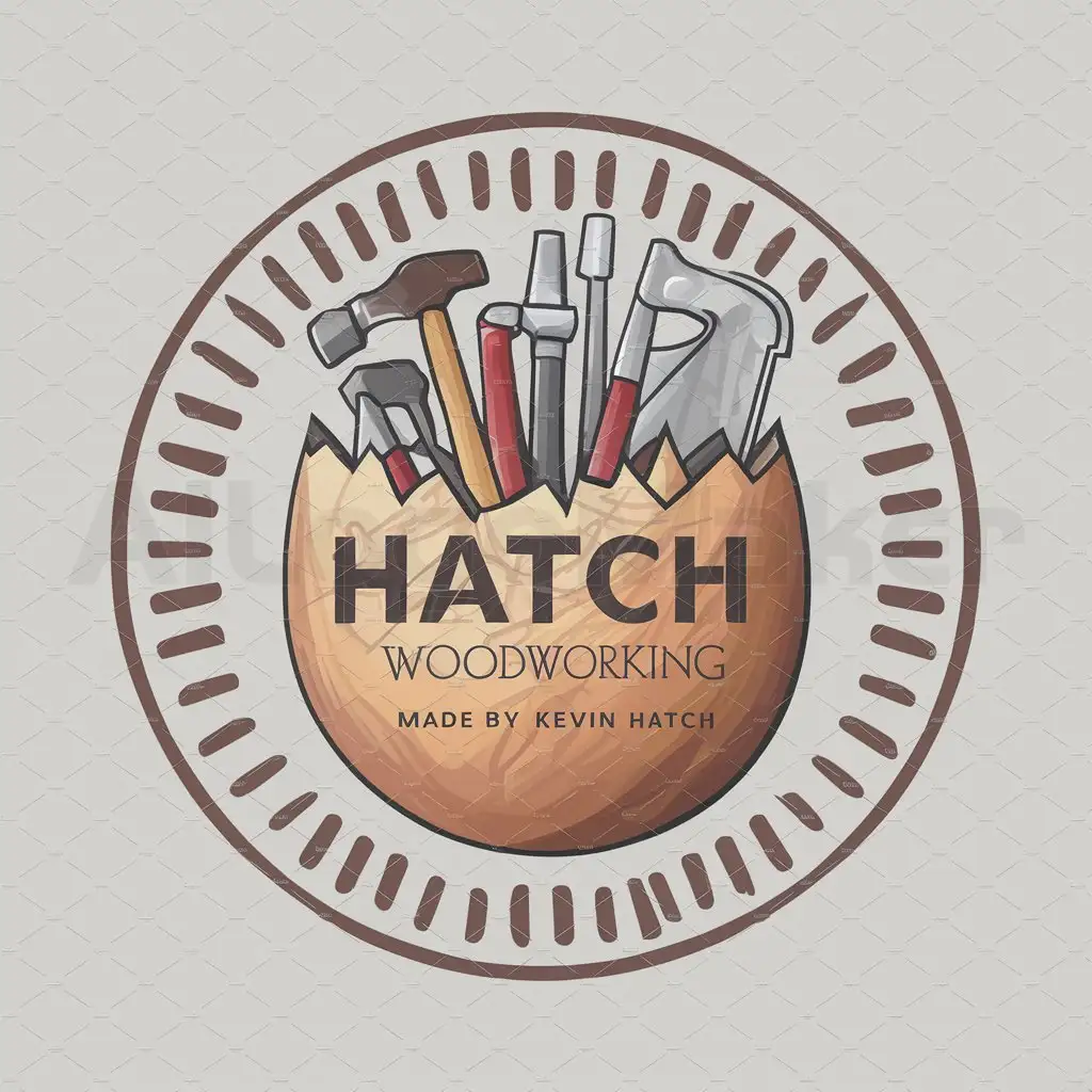 a logo design,with the text "logo", main symbol:draw a circular logo for hatch woodworking that has 'made by Kevin Hatch' on it and a cracked eggshell with tools coming out of it,Moderate,clear background