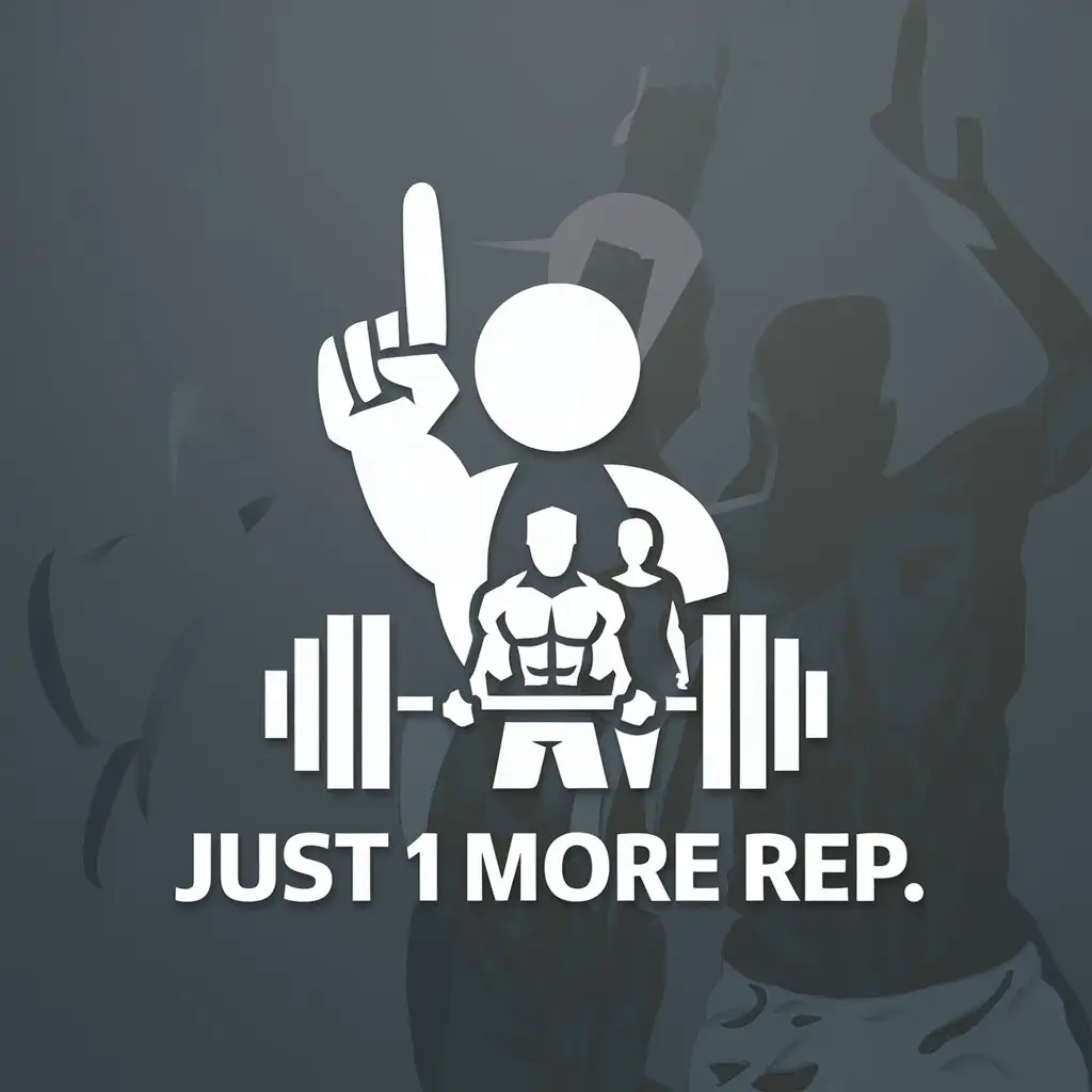 a logo design,with the text "Just 1 More Rep", main symbol:Person holding up 1 finger while another person lifts weights,Moderate,clear background