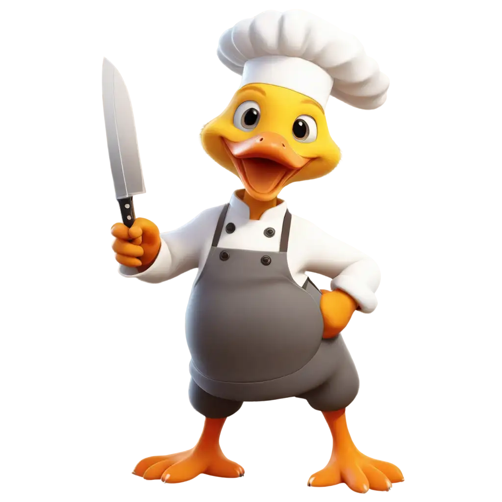 a cartoon duck with a knife in its hand and a duck in a chef's outfit on it, Du Jin, dau-al-set, logo, a character portrait
