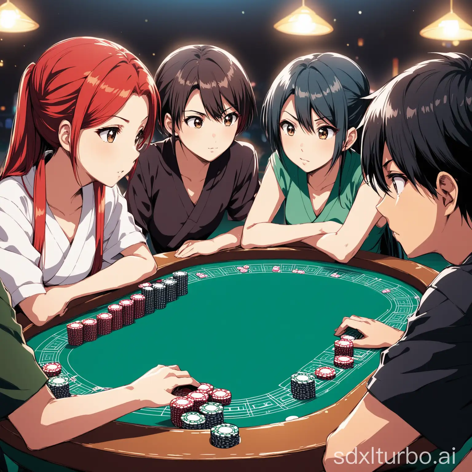 Young people contemplating their bets on a large poker board, in the style of Japanese anime.