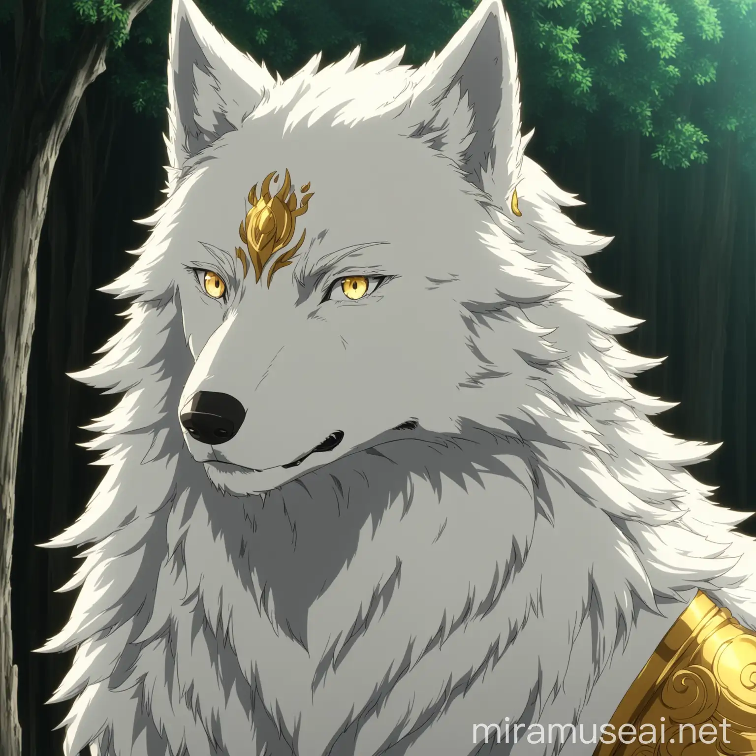 a white wolf with golden hairs on the ends in anime