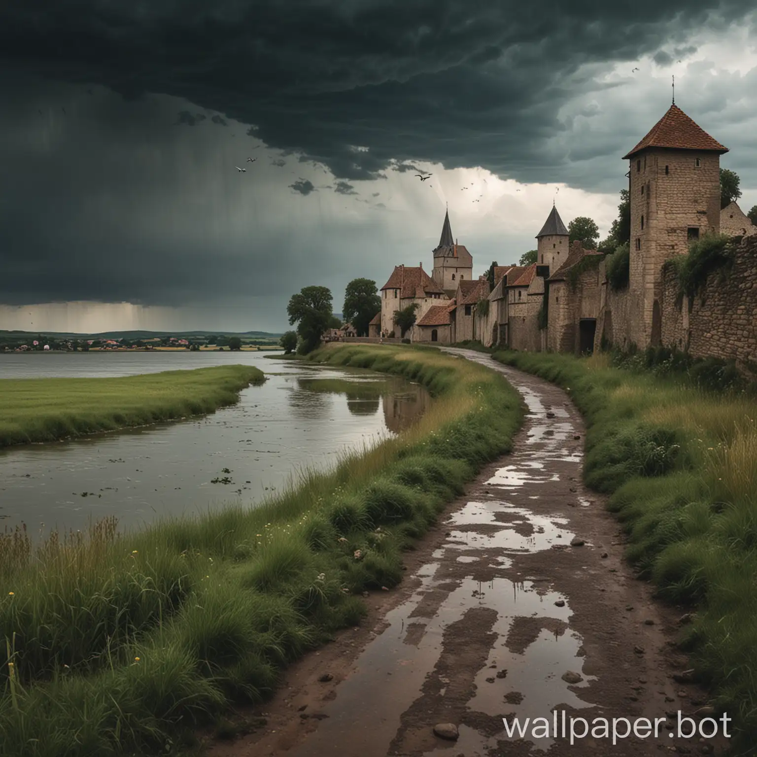 on a lake shore a walled medieval town surrounded by miles of fields, a road leaves it and stretches into the distance, some creatures fly in the back ground. a storm builds in the distance