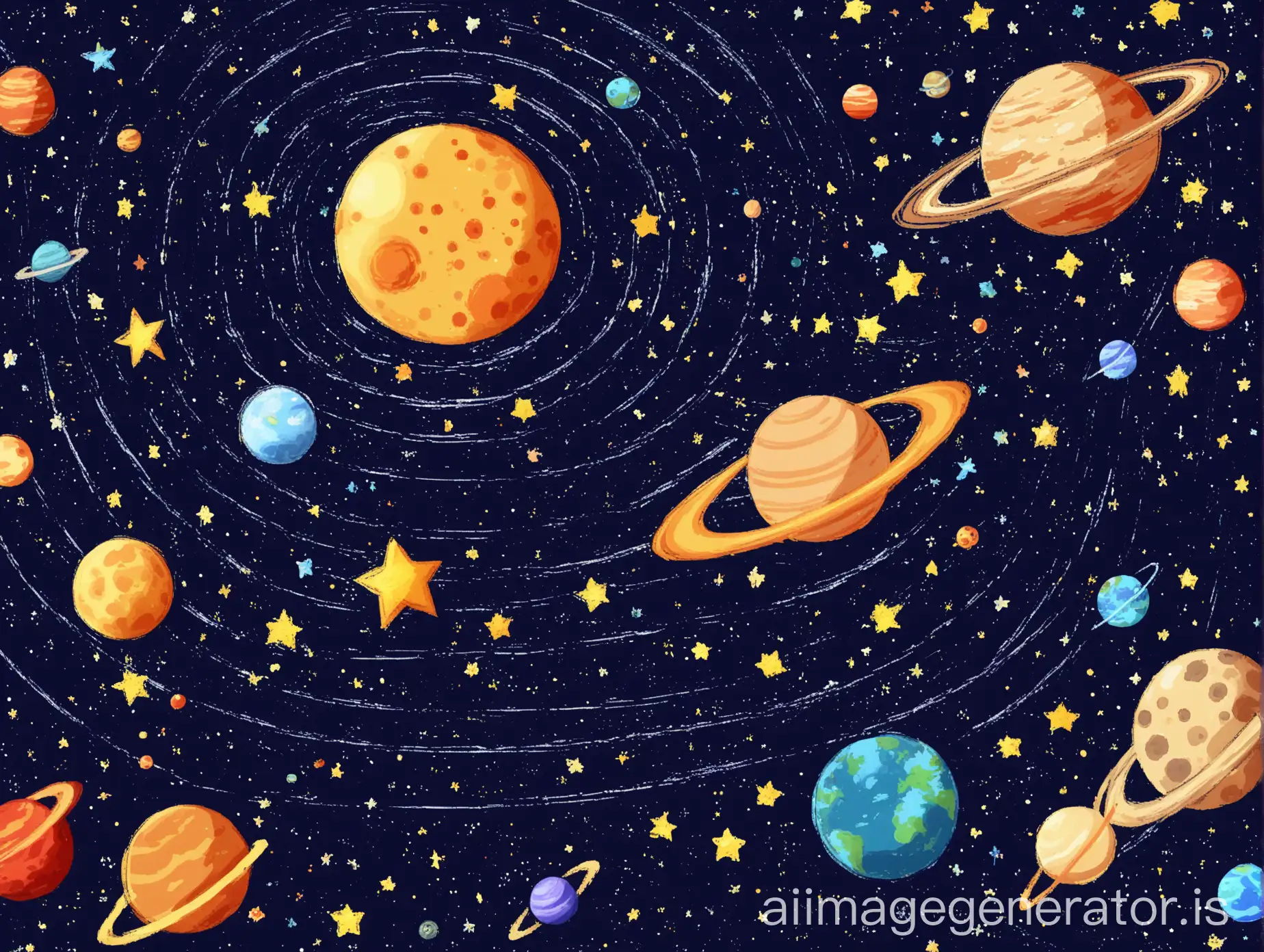 a childish picture of space with stars and planets
