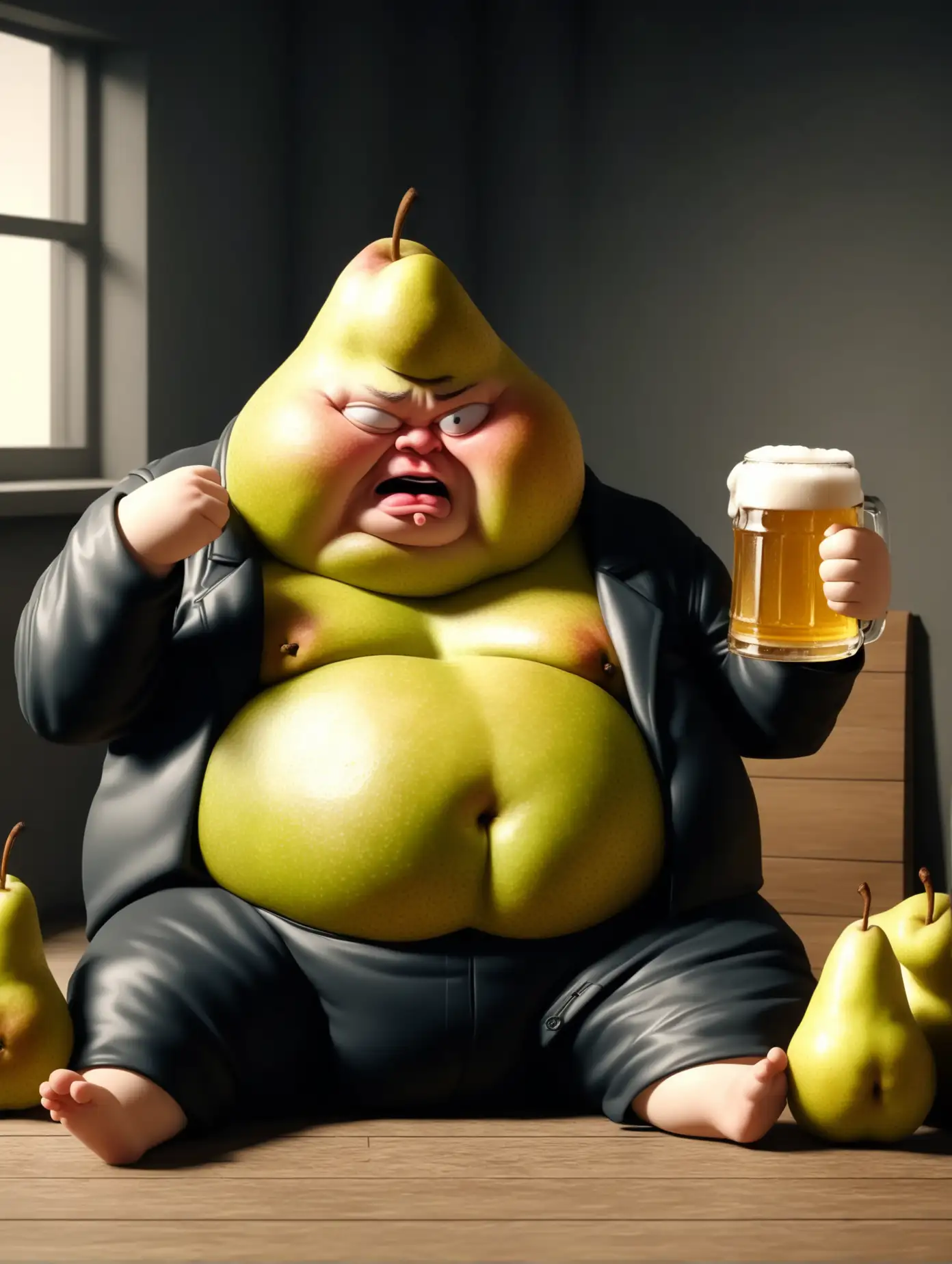 pear fruit in black jacket with arms, legs and unruly hair, body of pear fruit morphed as fat stomach of the colour of pear fruit, pear fruit is sitting, facial expression of being drunk, lazy and tired, pear fruit is holding beer, Funny scene, 8k