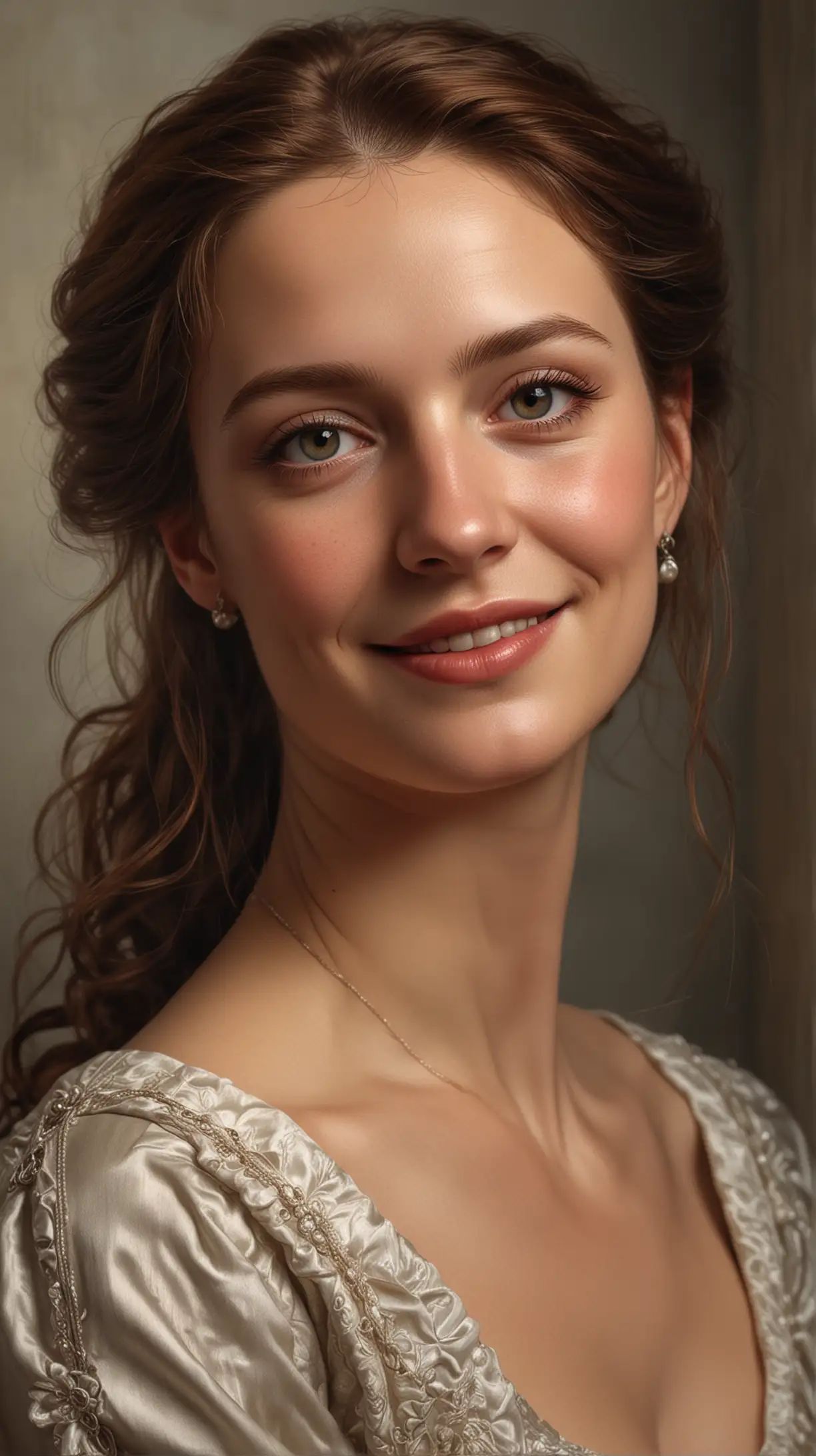 Blend Renaissance portraiture with modern photorealism.
Capture european woman's gentle smile and the subtle strength in her gaze.
Ensure the lighting is soft and emphasizes the elegance of her attire.